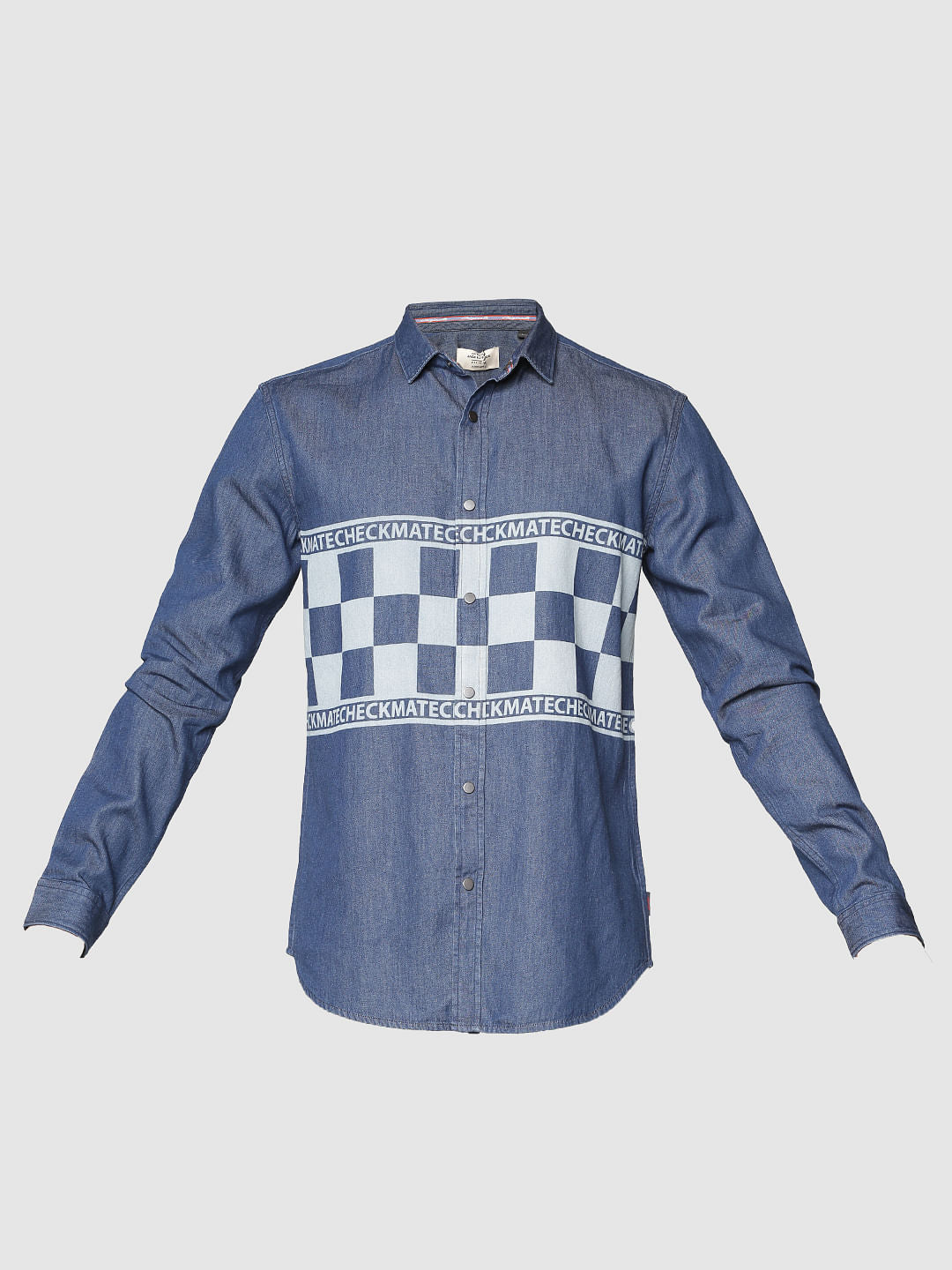 Blue Graphic Print Slim Fit Full Sleeves Denim Shirt