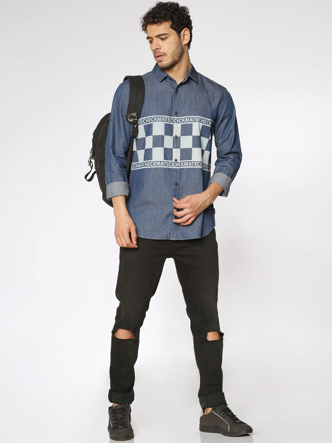 Blue Graphic Print Slim Fit Full Sleeves Denim Shirt