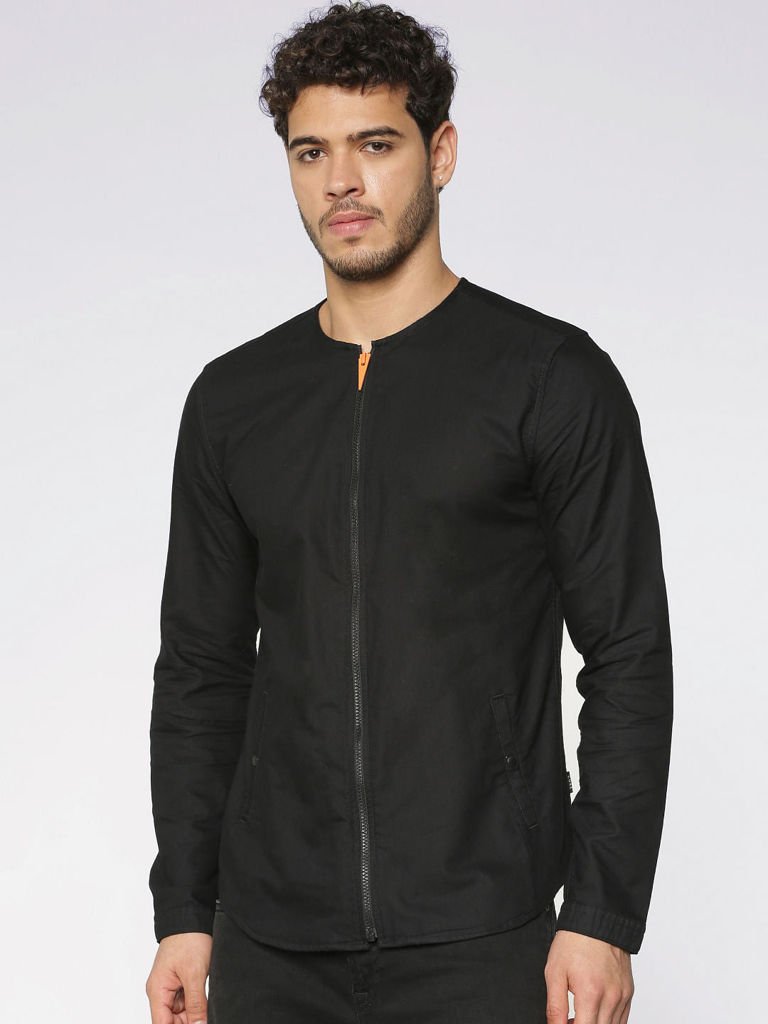 Black Front Zip Up Slim Fit Full Sleeves Overshirt - S