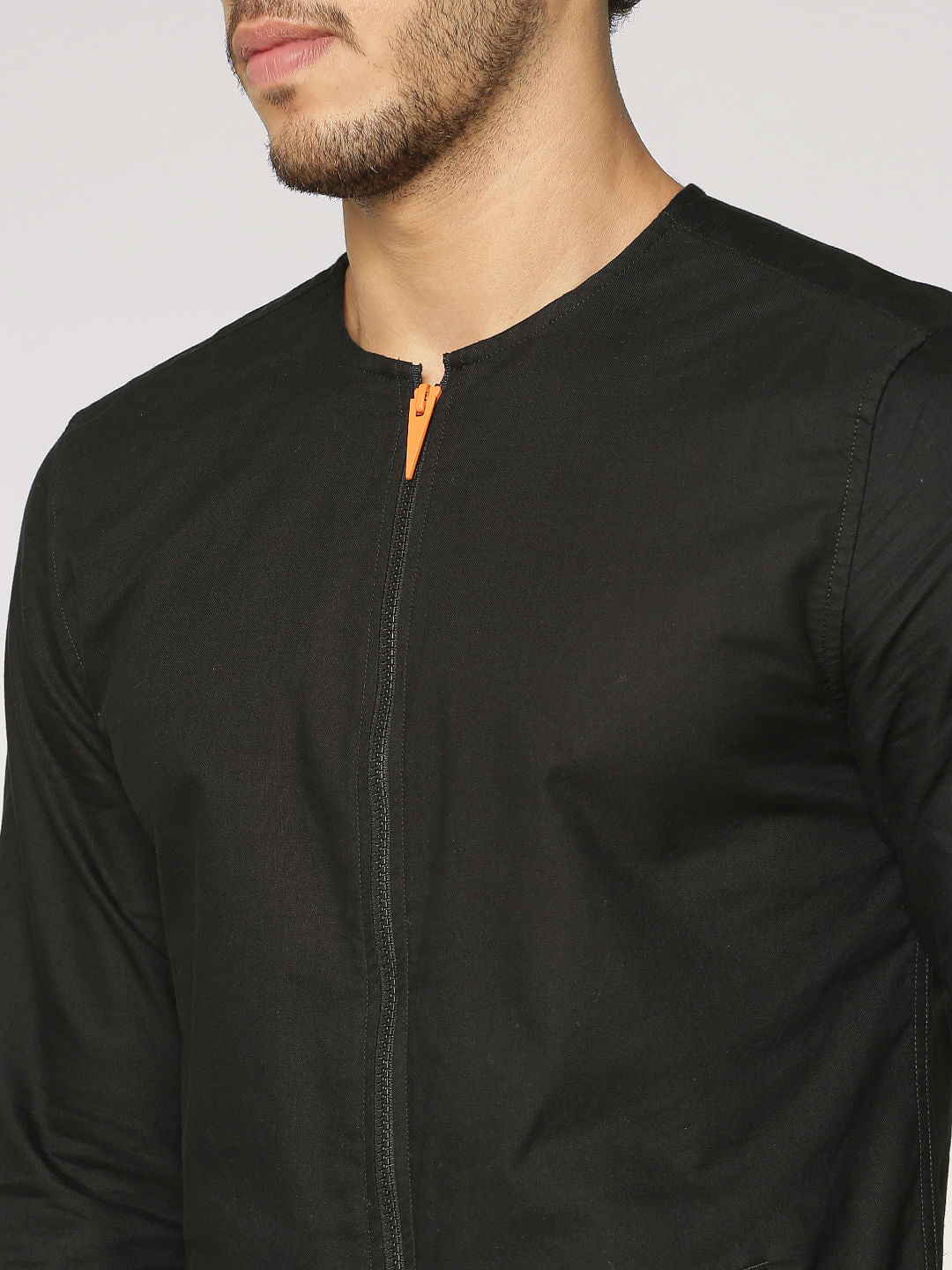 Black Front Zip Up Slim Fit Full Sleeves Overshirt