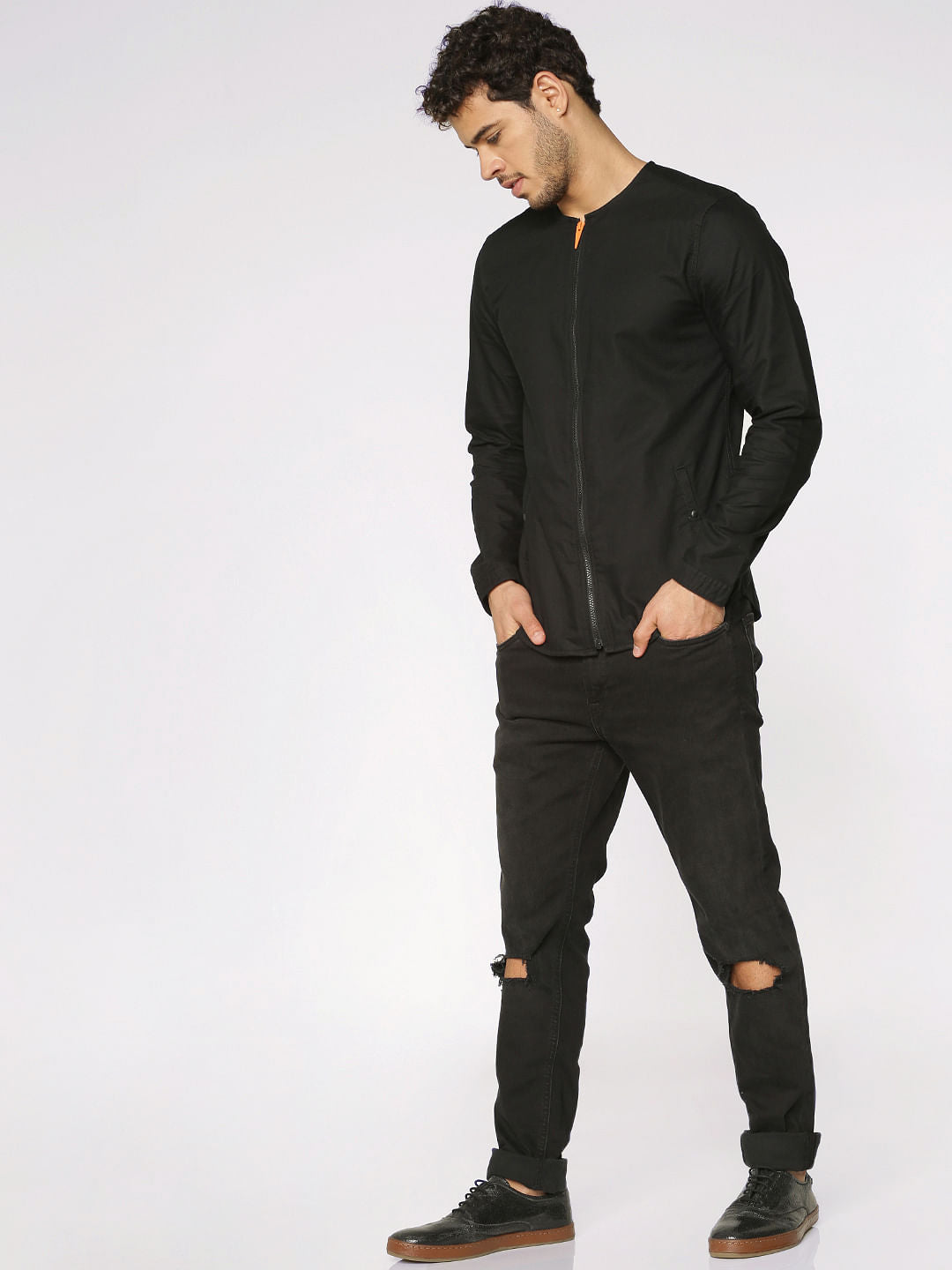 Black Front Zip Up Slim Fit Full Sleeves Overshirt