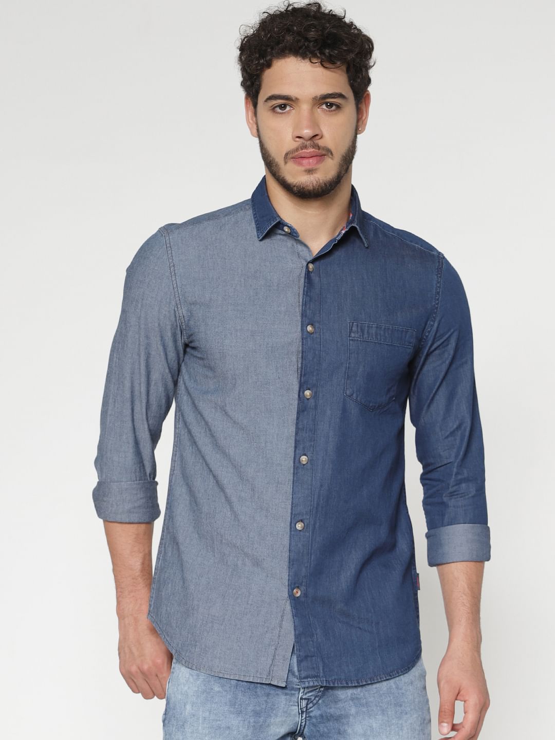 Blue Colour Blocked Slim Fit Denim Full Sleeves Shirt - S