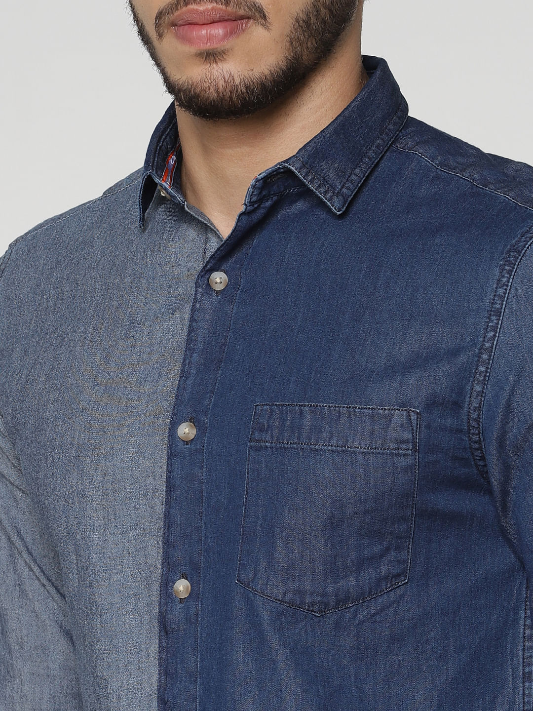 Blue Colour Blocked Slim Fit Denim Full Sleeves Shirt