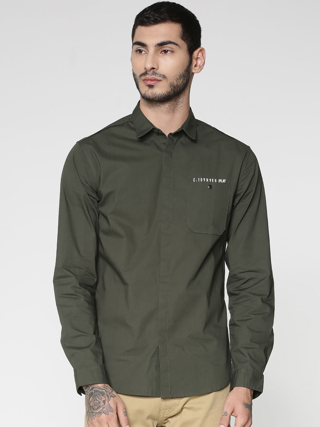 Green Text Print Patch Pocket Slim Fit Full Sleeves Shirt - S