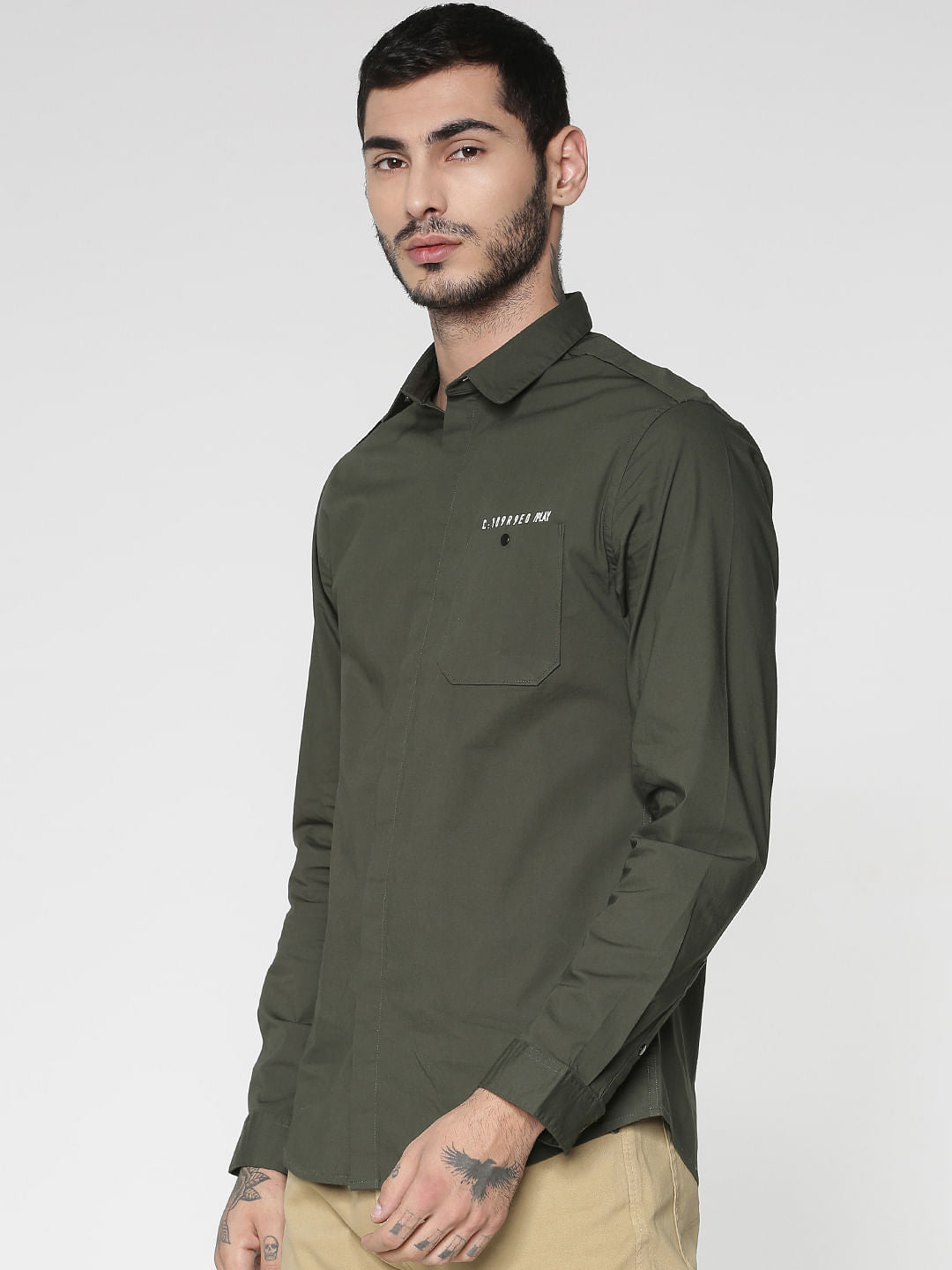 Green Text Print Patch Pocket Slim Fit Full Sleeves Shirt
