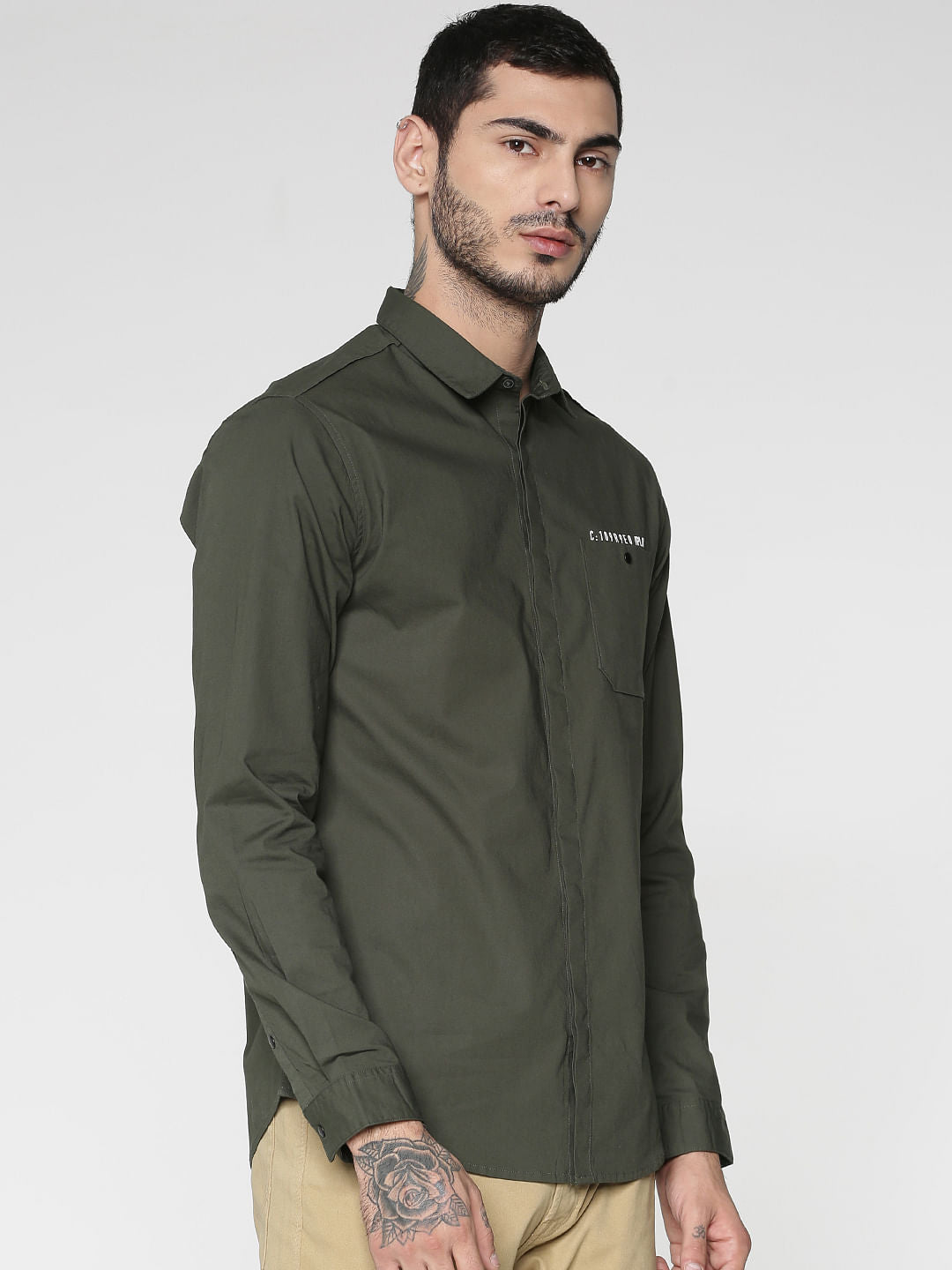 Green Text Print Patch Pocket Slim Fit Full Sleeves Shirt