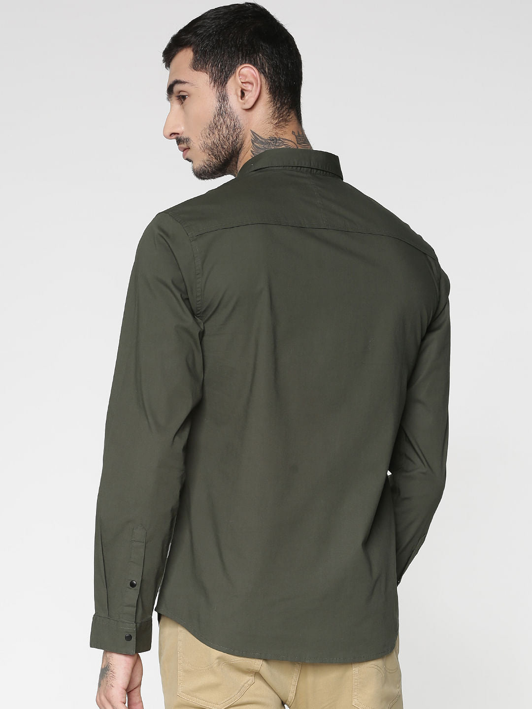 Green Text Print Patch Pocket Slim Fit Full Sleeves Shirt
