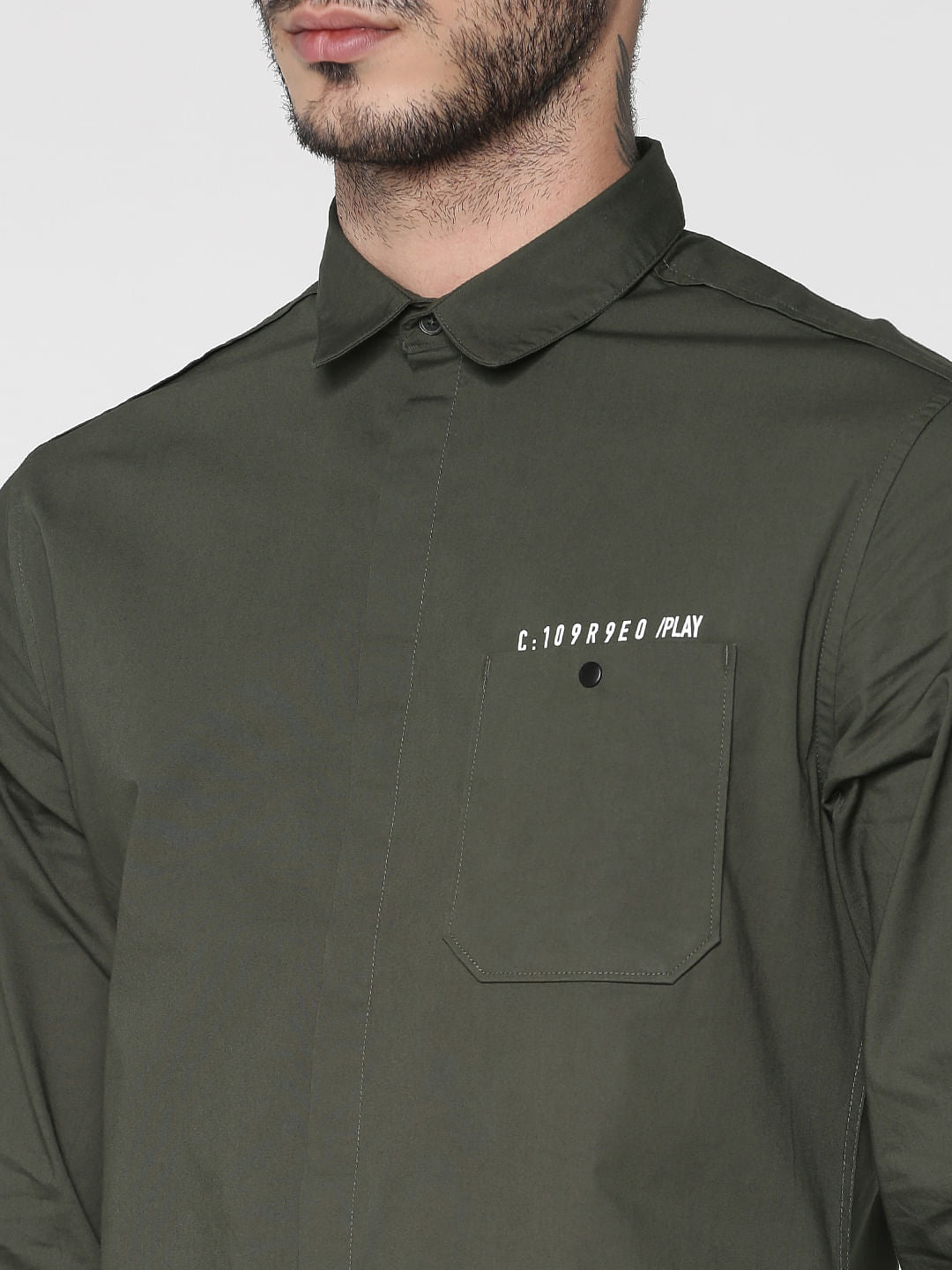 Green Text Print Patch Pocket Slim Fit Full Sleeves Shirt