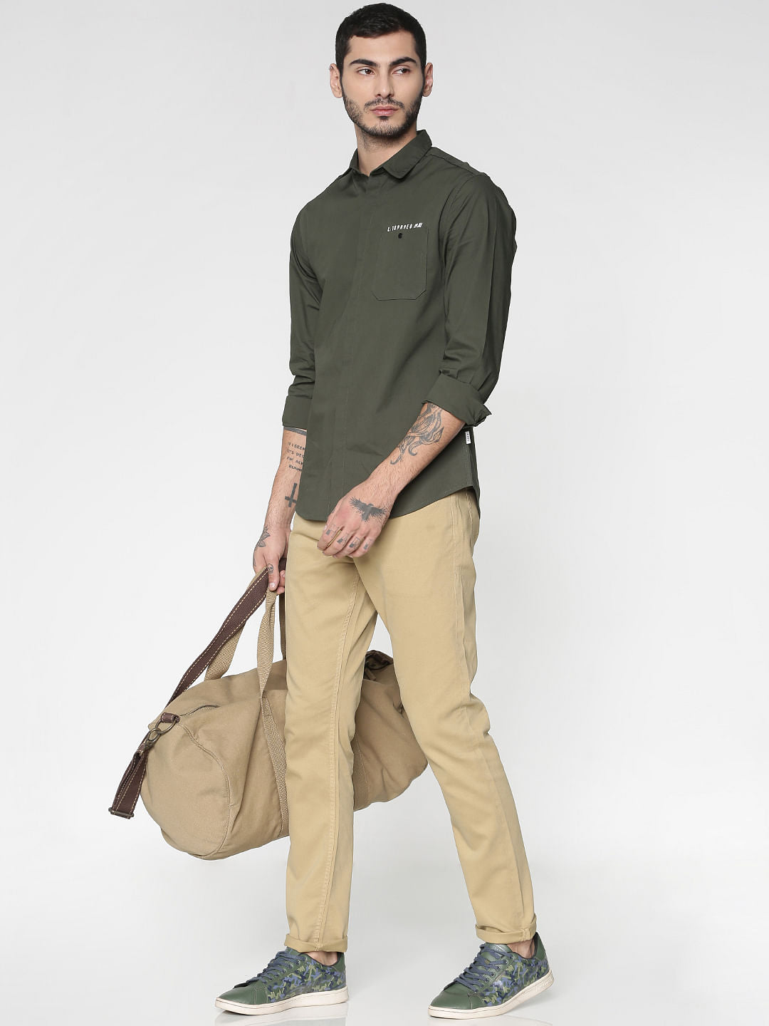 Green Text Print Patch Pocket Slim Fit Full Sleeves Shirt