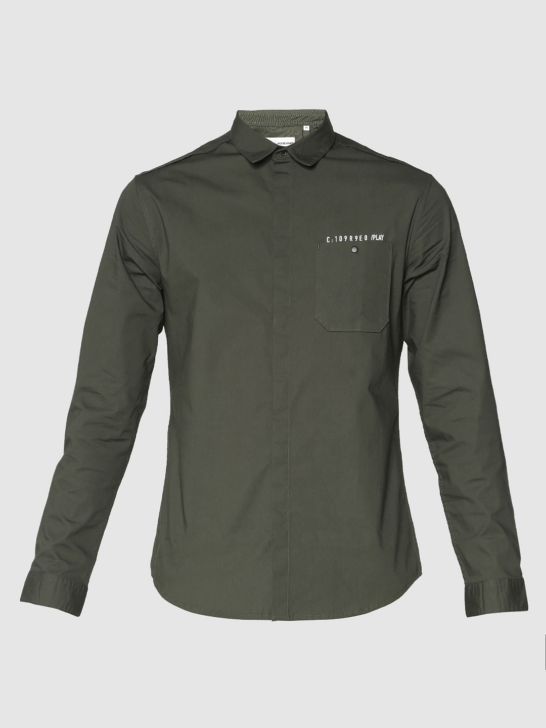 Green Text Print Patch Pocket Slim Fit Full Sleeves Shirt