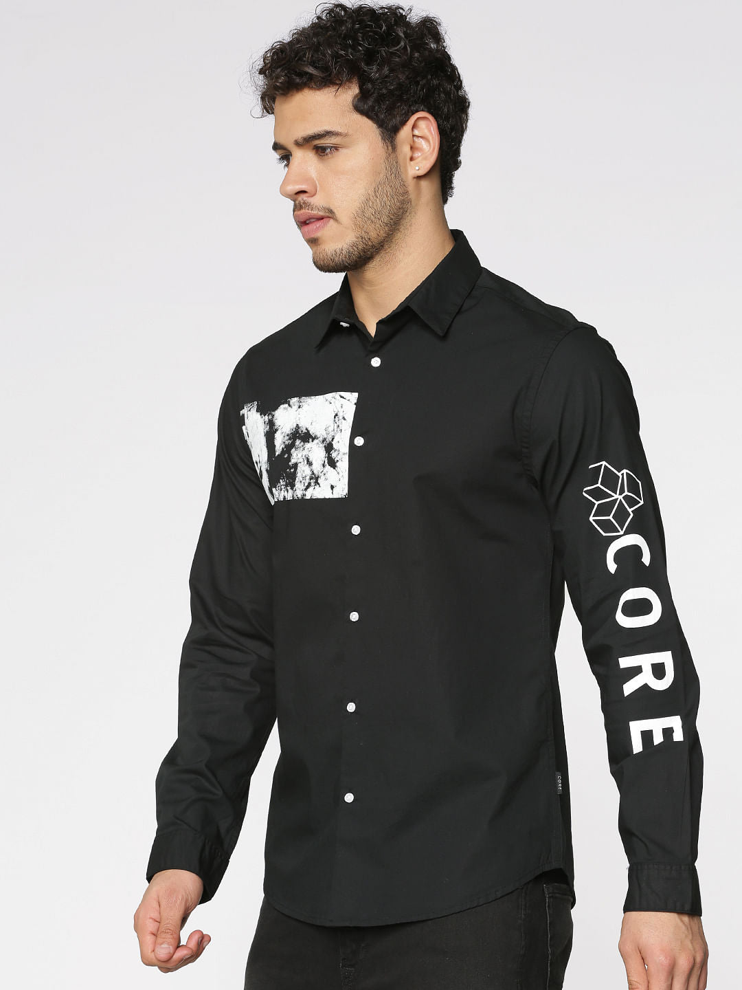 Black Graphic Print Slim Fit Full Sleeves Shirt - S