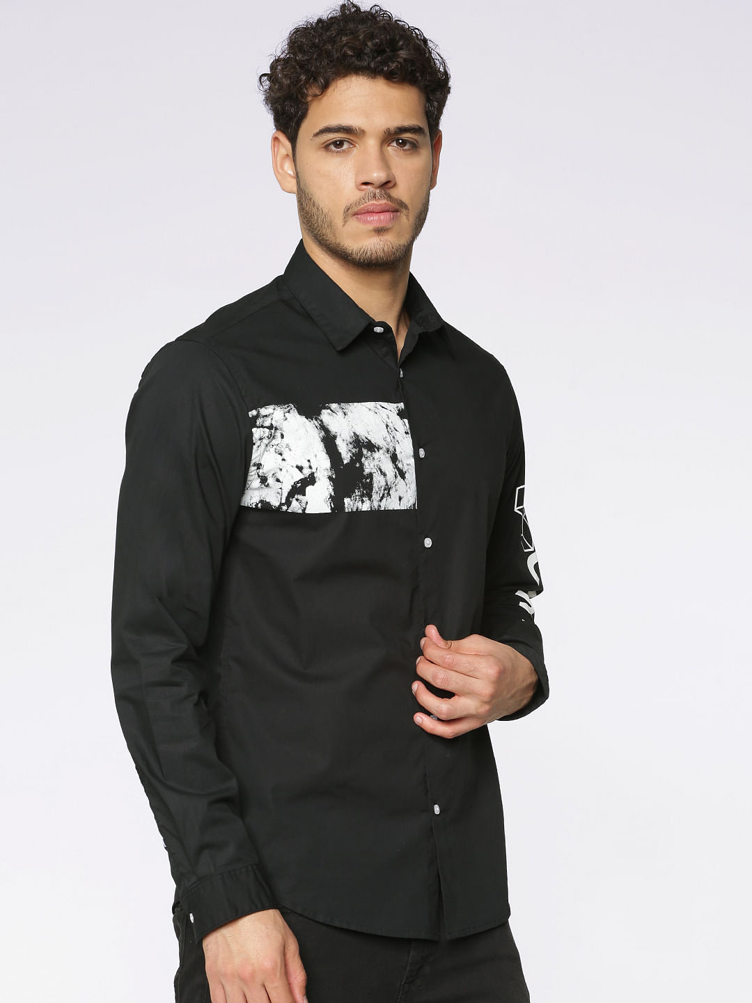 Black Graphic Print Slim Fit Full Sleeves Shirt
