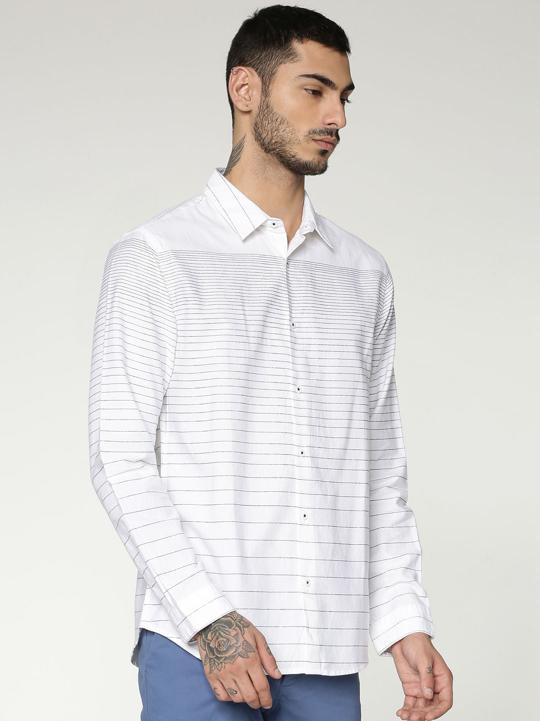 White Striped Slim Fit Full Sleeves Shirt