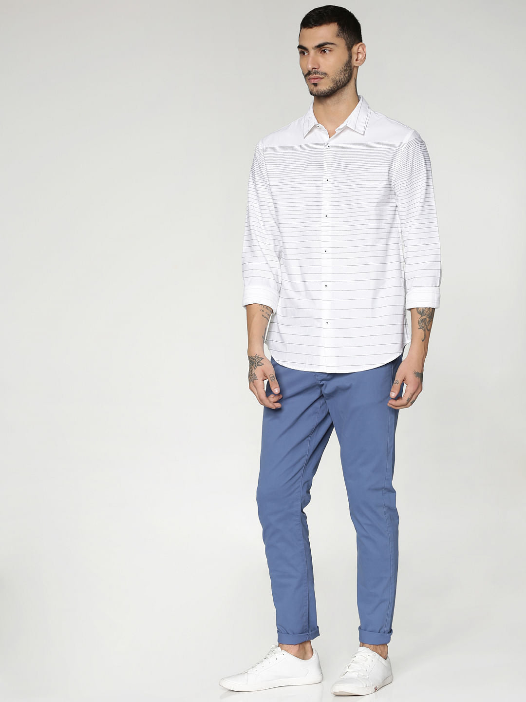 White Striped Slim Fit Full Sleeves Shirt