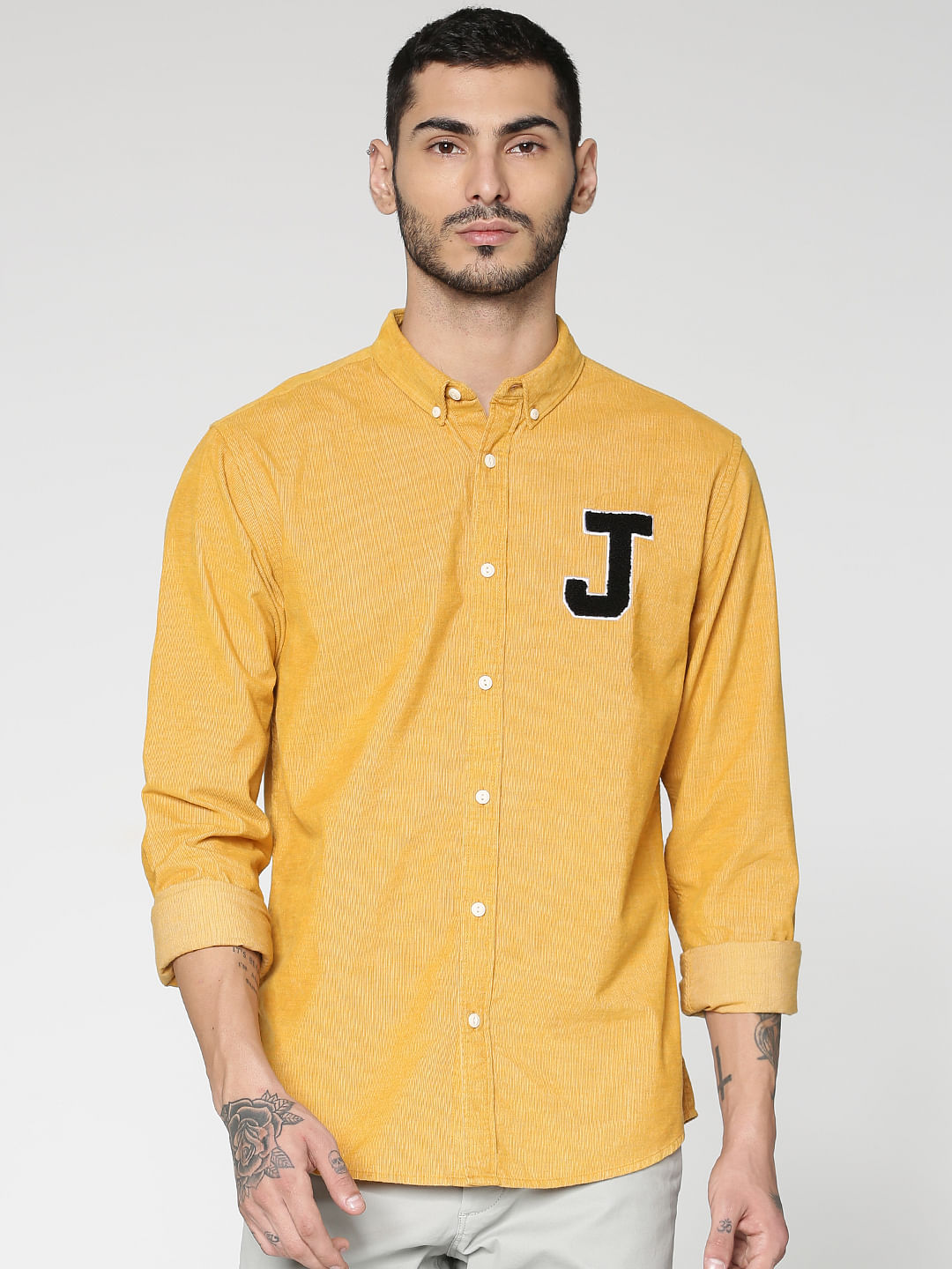 Yellow Patch Print Slim Fit Full Sleeves Shirt - S