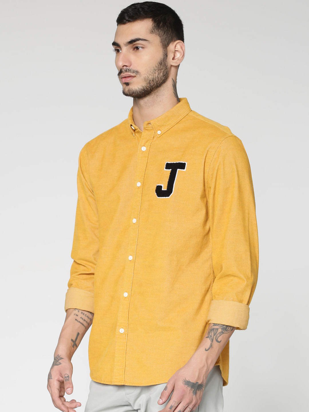 Yellow Patch Print Slim Fit Full Sleeves Shirt