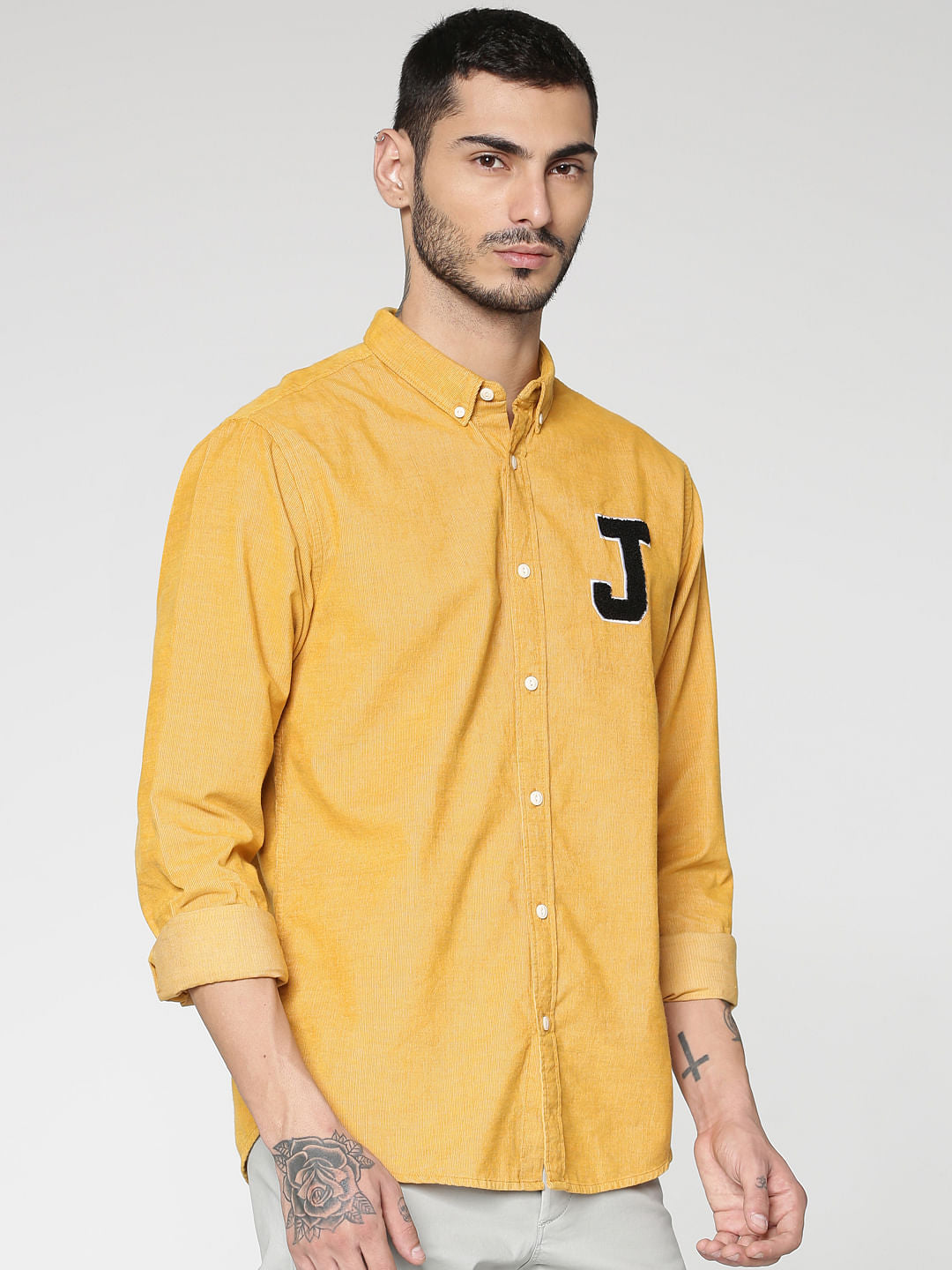 Yellow Patch Print Slim Fit Full Sleeves Shirt
