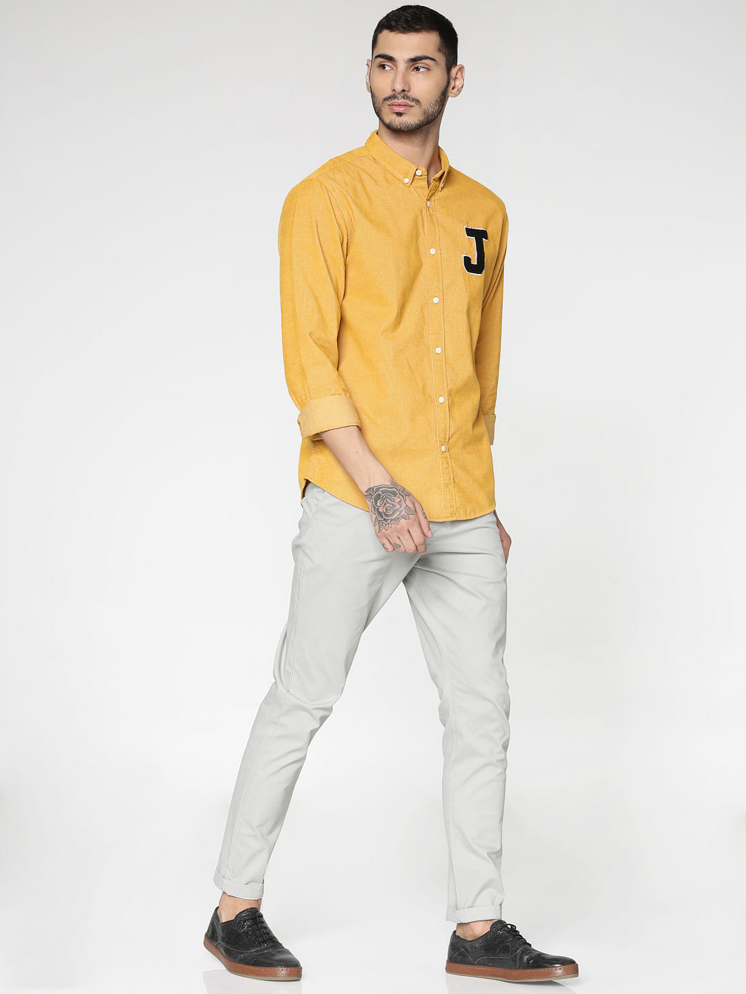 Yellow Patch Print Slim Fit Full Sleeves Shirt