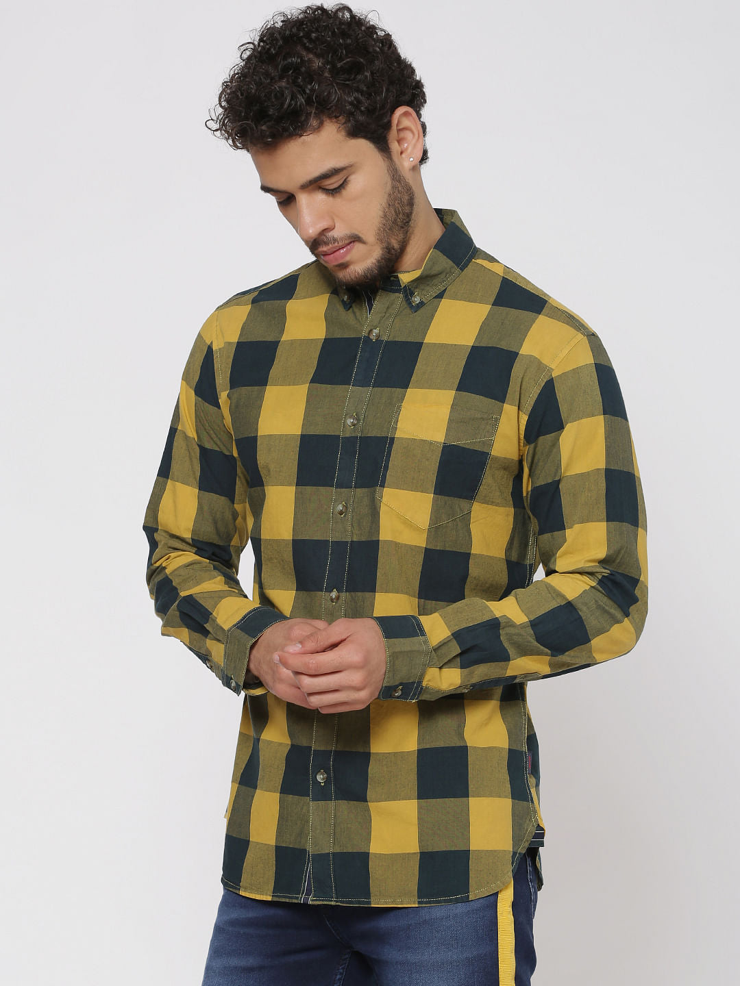 Yellow Checks Regular Fit Full Sleeves Shirt - S