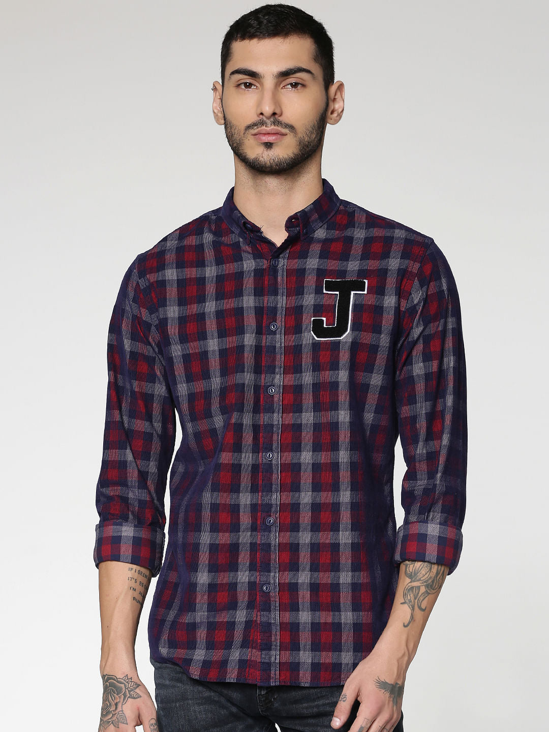 Navy Blue Checks Text Patch Print Slim Fit Full Sleeves Shirt