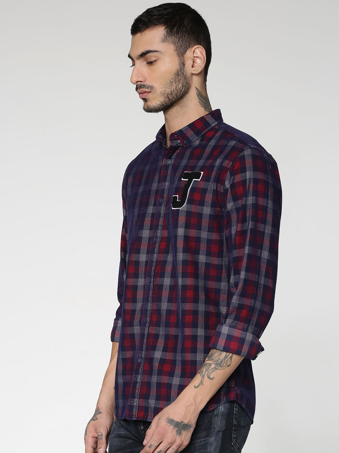 Navy Blue Checks Text Patch Print Slim Fit Full Sleeves Shirt