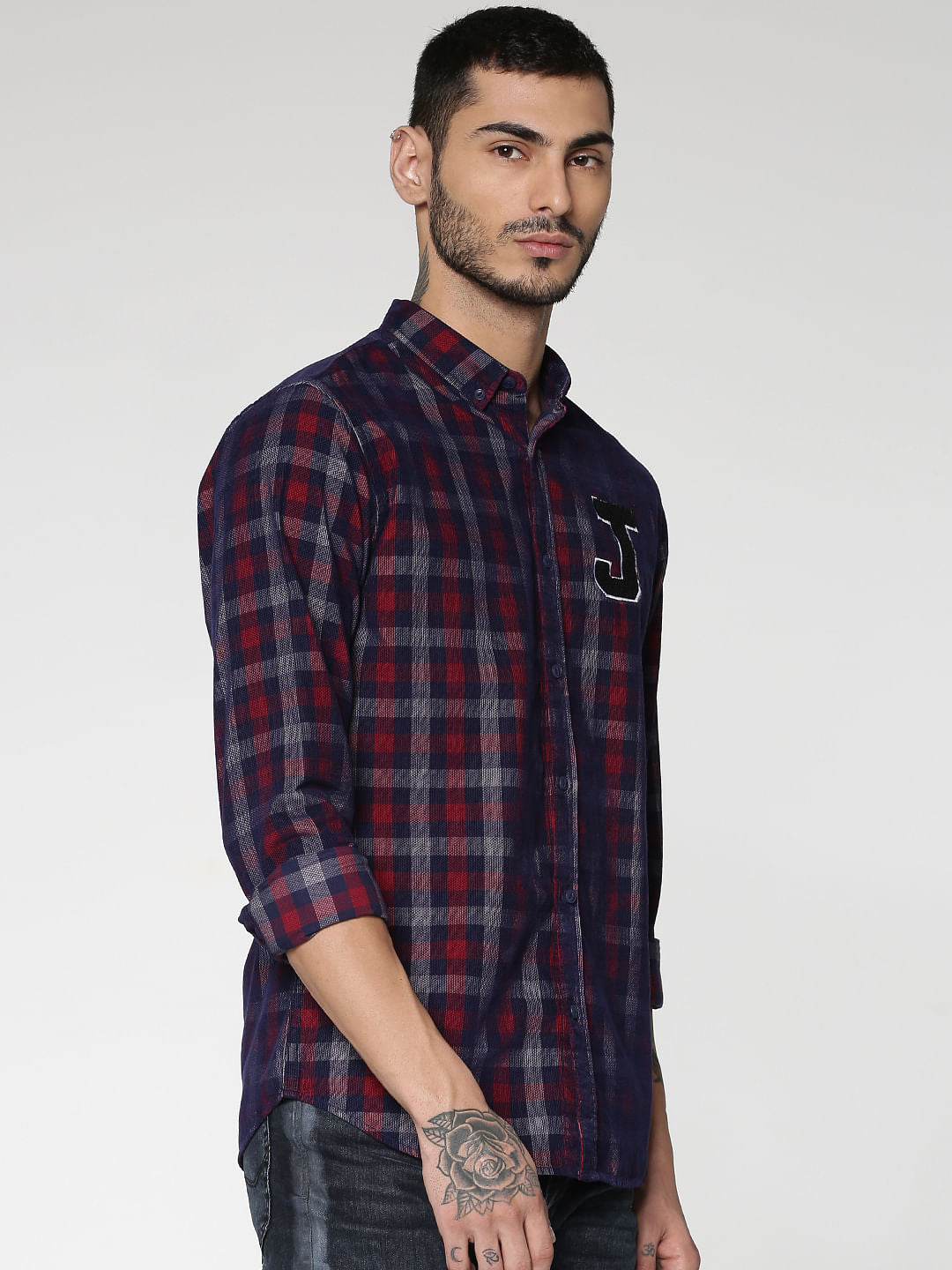Navy Blue Checks Text Patch Print Slim Fit Full Sleeves Shirt