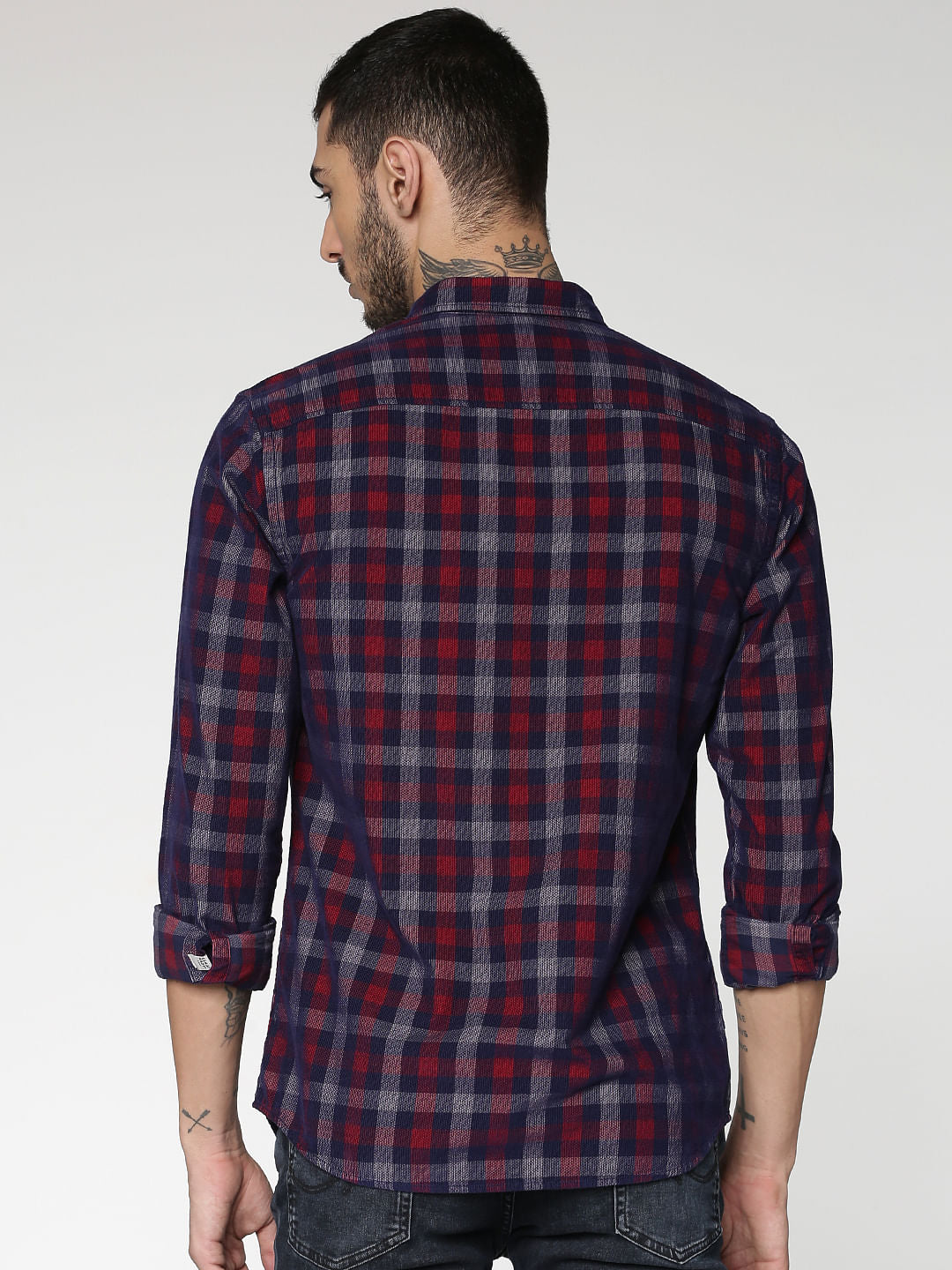 Navy Blue Checks Text Patch Print Slim Fit Full Sleeves Shirt