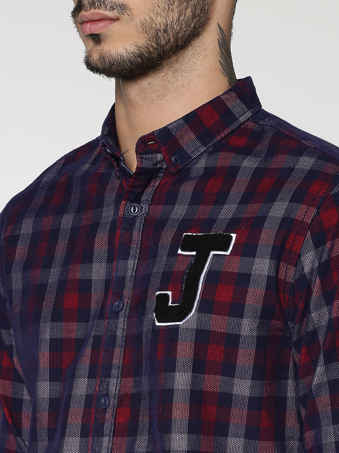 Navy Blue Checks Text Patch Print Slim Fit Full Sleeves Shirt