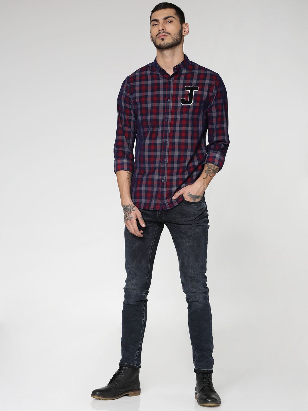 Navy Blue Checks Text Patch Print Slim Fit Full Sleeves Shirt