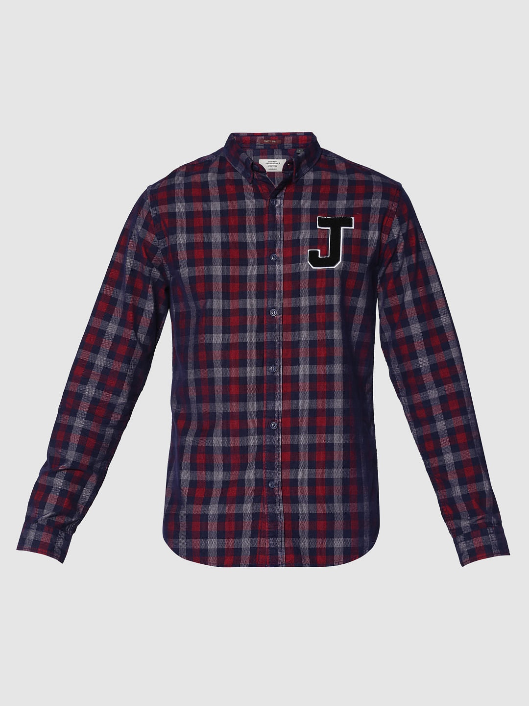 Navy Blue Checks Text Patch Print Slim Fit Full Sleeves Shirt