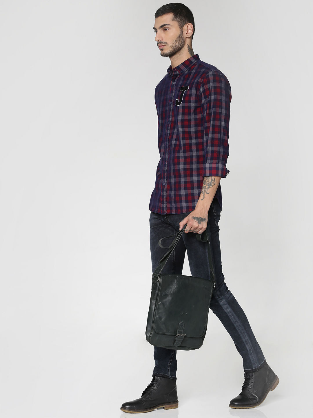Navy Blue Checks Text Patch Print Slim Fit Full Sleeves Shirt