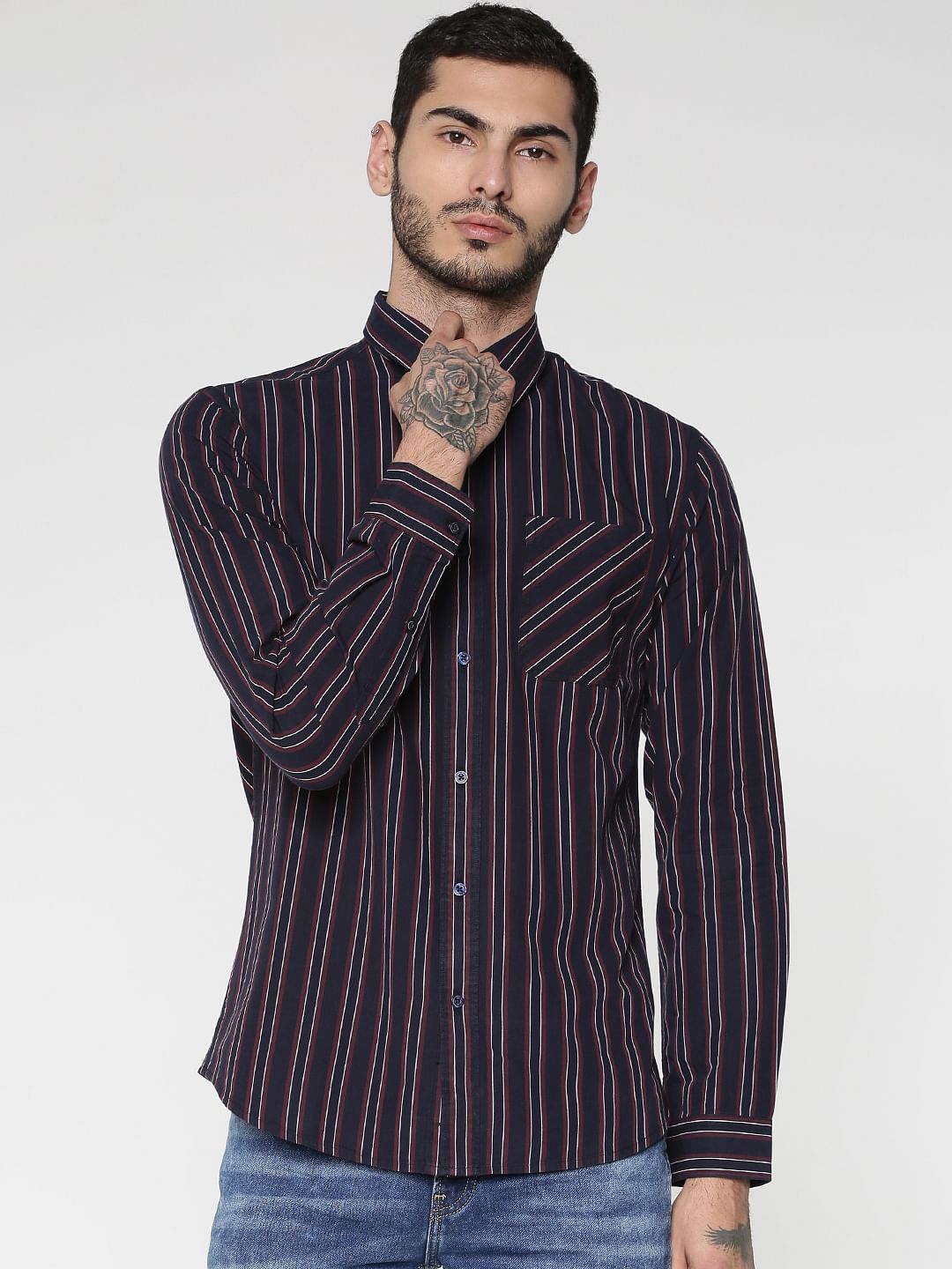 Purple Striped Patch Pocket Slim Fit Full Sleeves Shirt - S