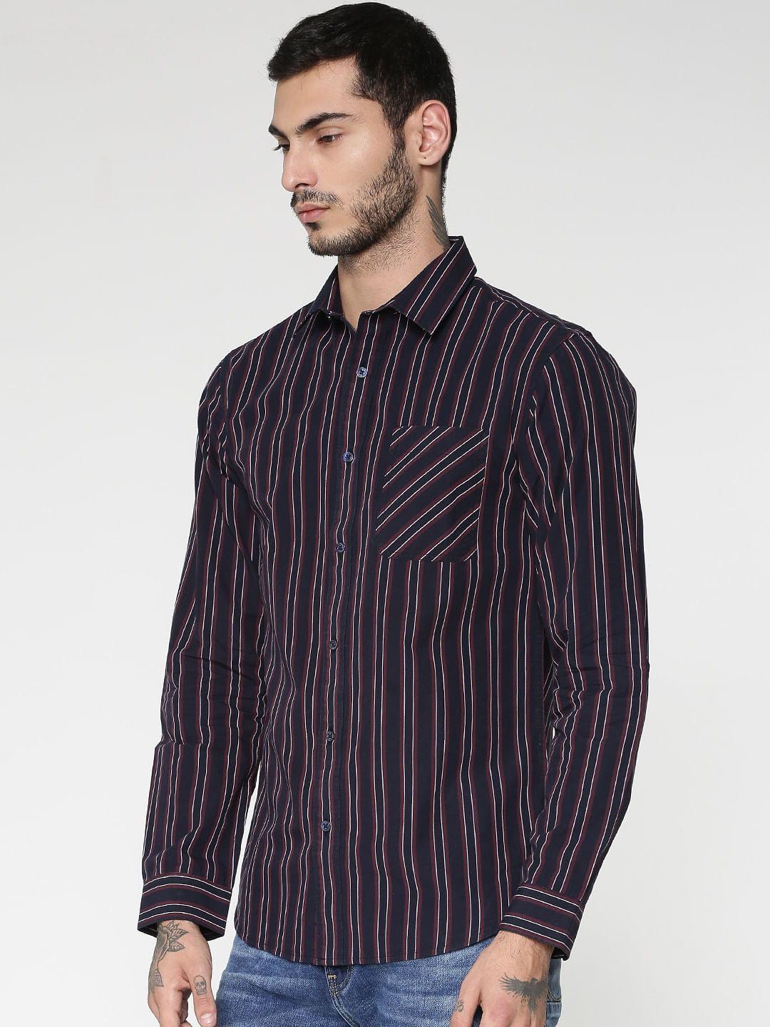 Purple Striped Patch Pocket Slim Fit Full Sleeves Shirt