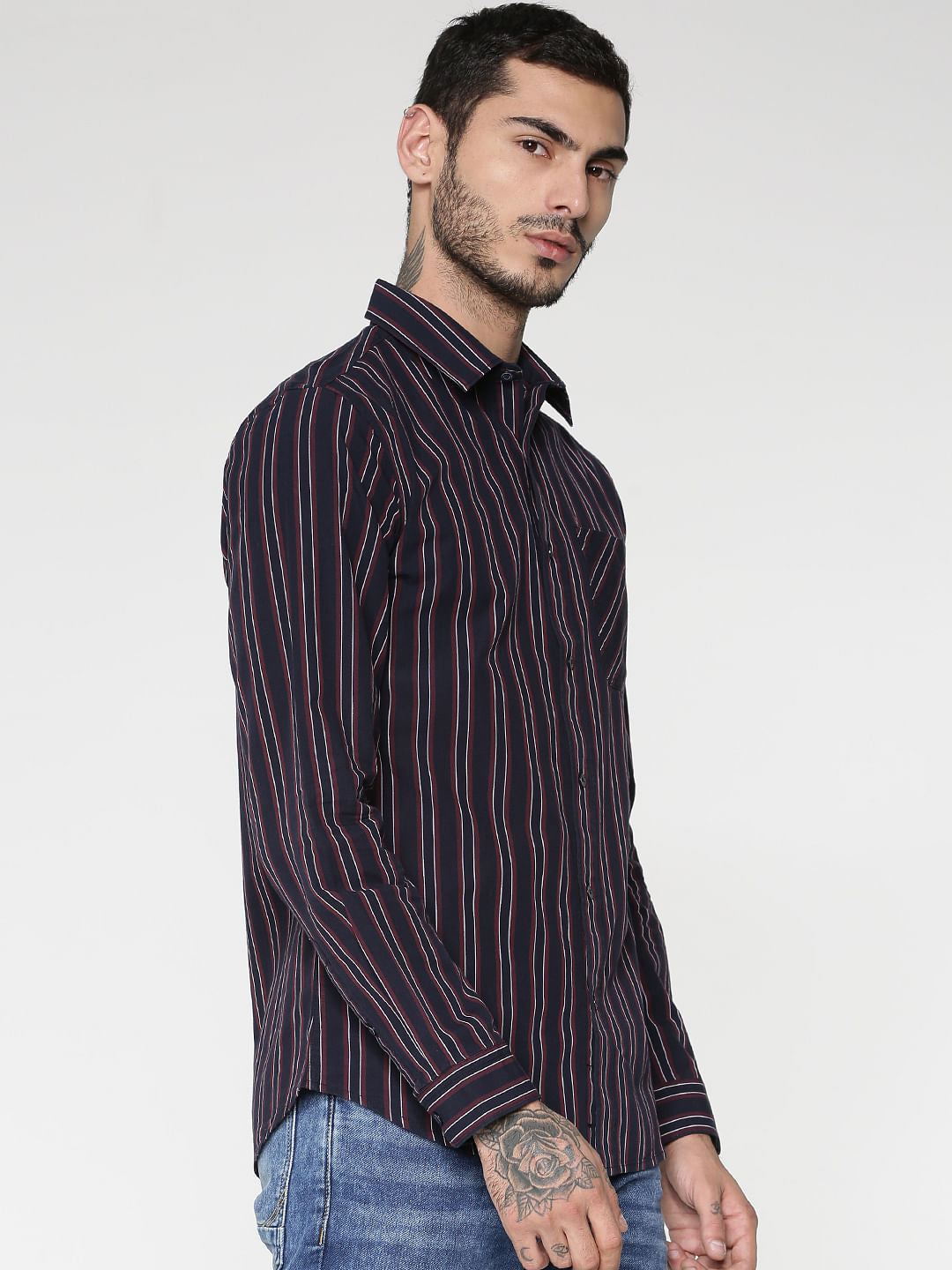 Purple Striped Patch Pocket Slim Fit Full Sleeves Shirt