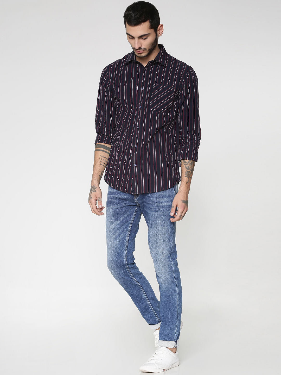 Purple Striped Patch Pocket Slim Fit Full Sleeves Shirt