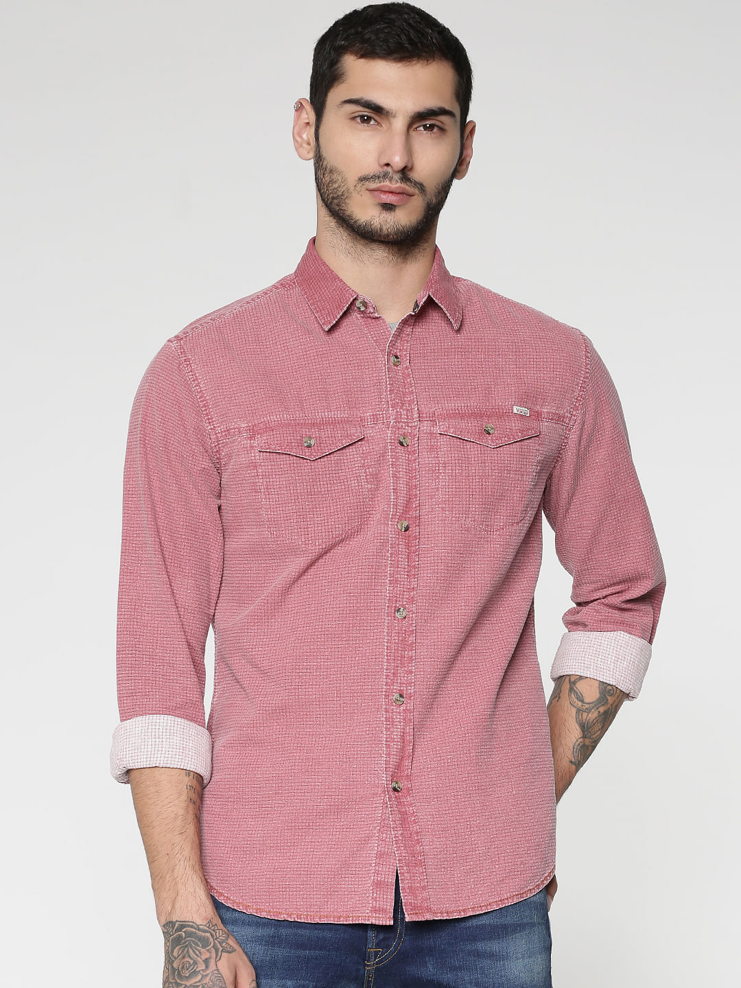 Red Textured Washed Effect Regular Fit Full Sleeves Shirt - S