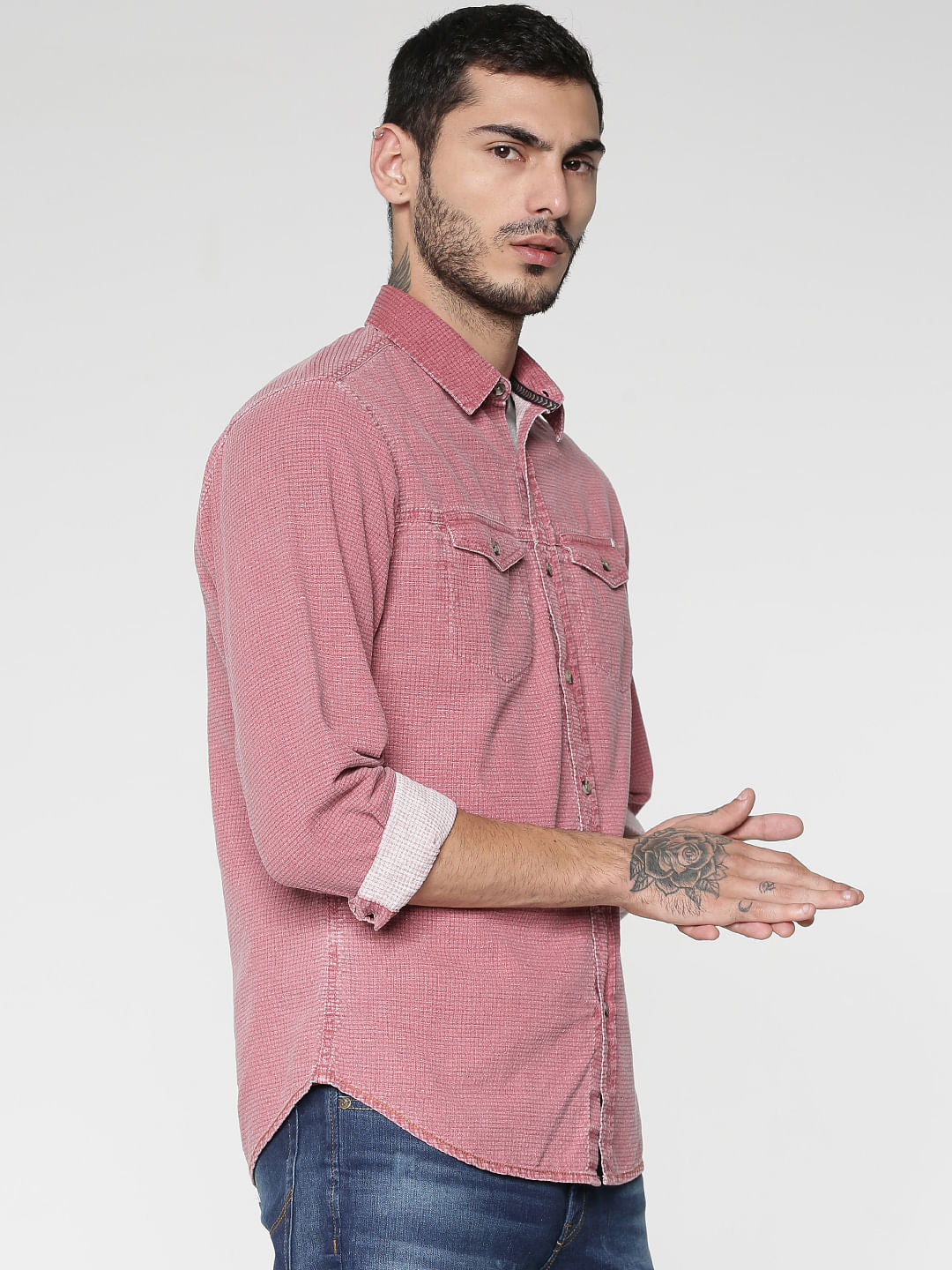 Red Textured Washed Effect Regular Fit Full Sleeves Shirt