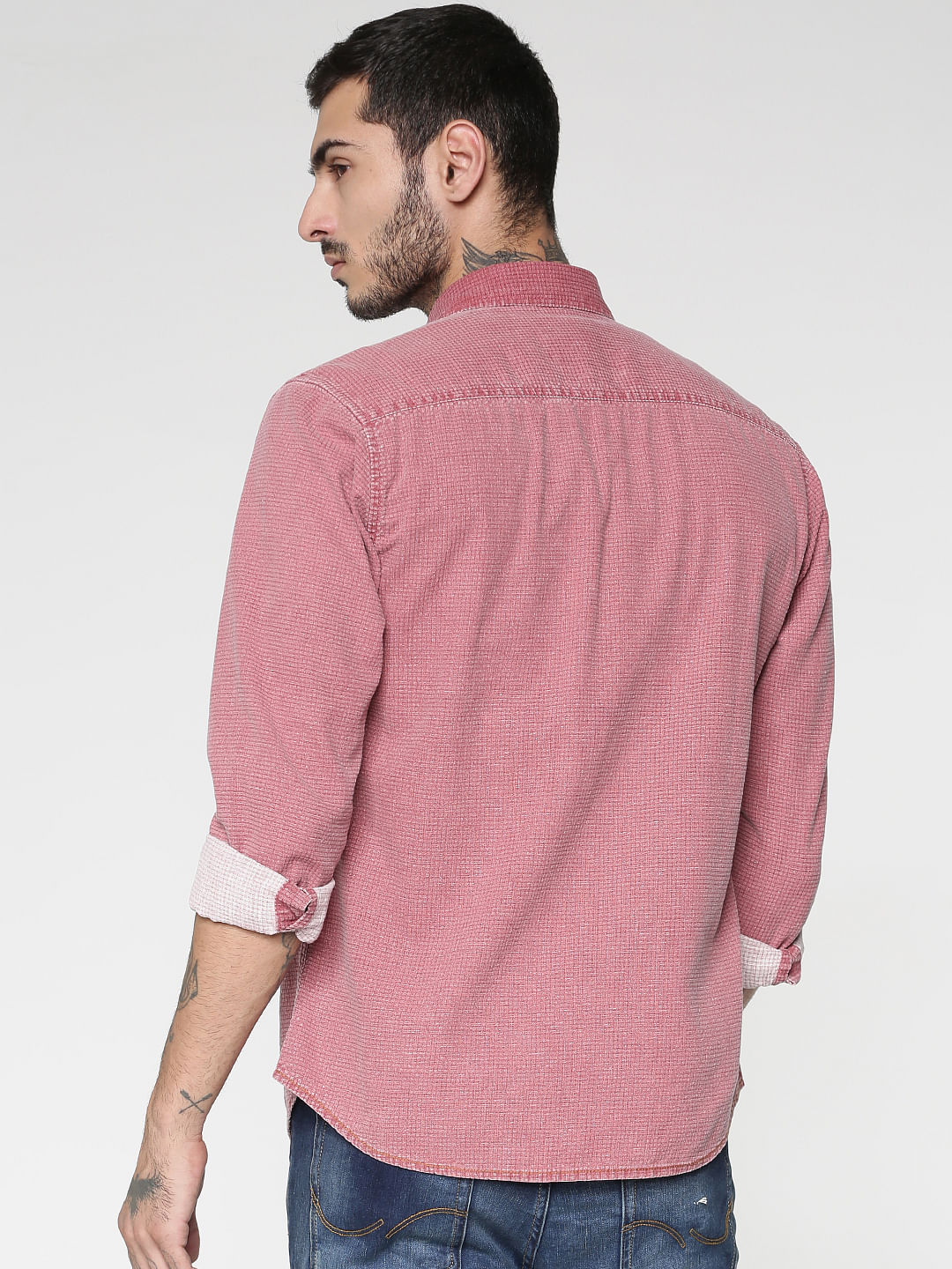 Red Textured Washed Effect Regular Fit Full Sleeves Shirt