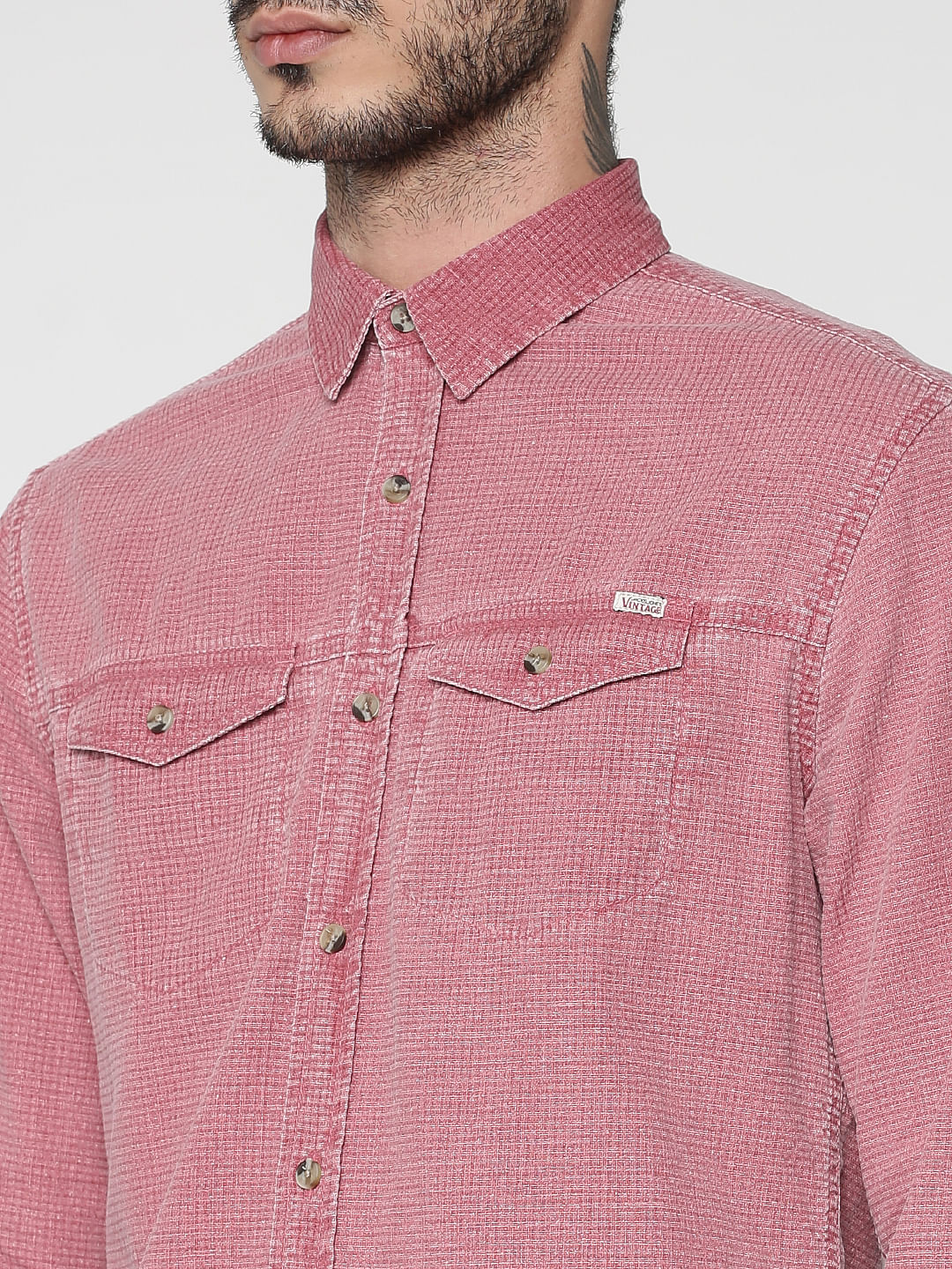 Red Textured Washed Effect Regular Fit Full Sleeves Shirt