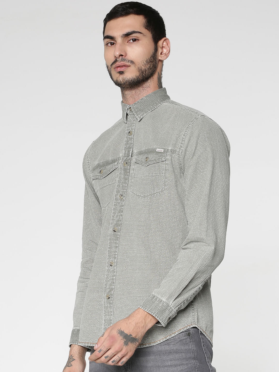 Green Textured Washed Effect Regular Fit Full Sleeves Shirt