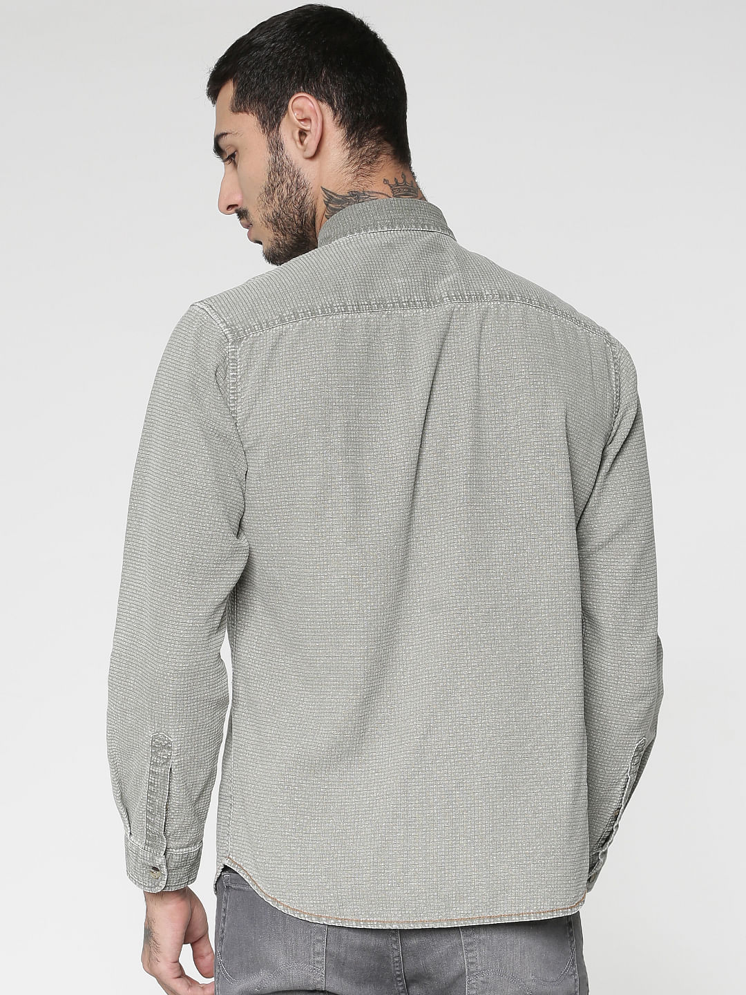 Green Textured Washed Effect Regular Fit Full Sleeves Shirt