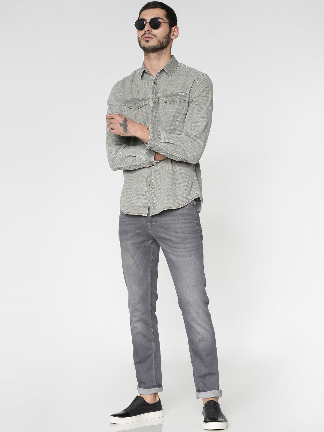 Green Textured Washed Effect Regular Fit Full Sleeves Shirt