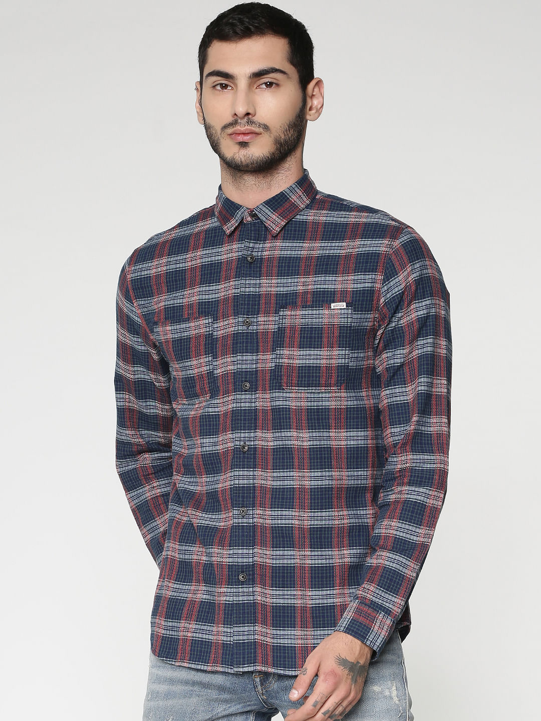 Blue Checks Patch Pocket Slim Fit Full Sleeves Shirt - S