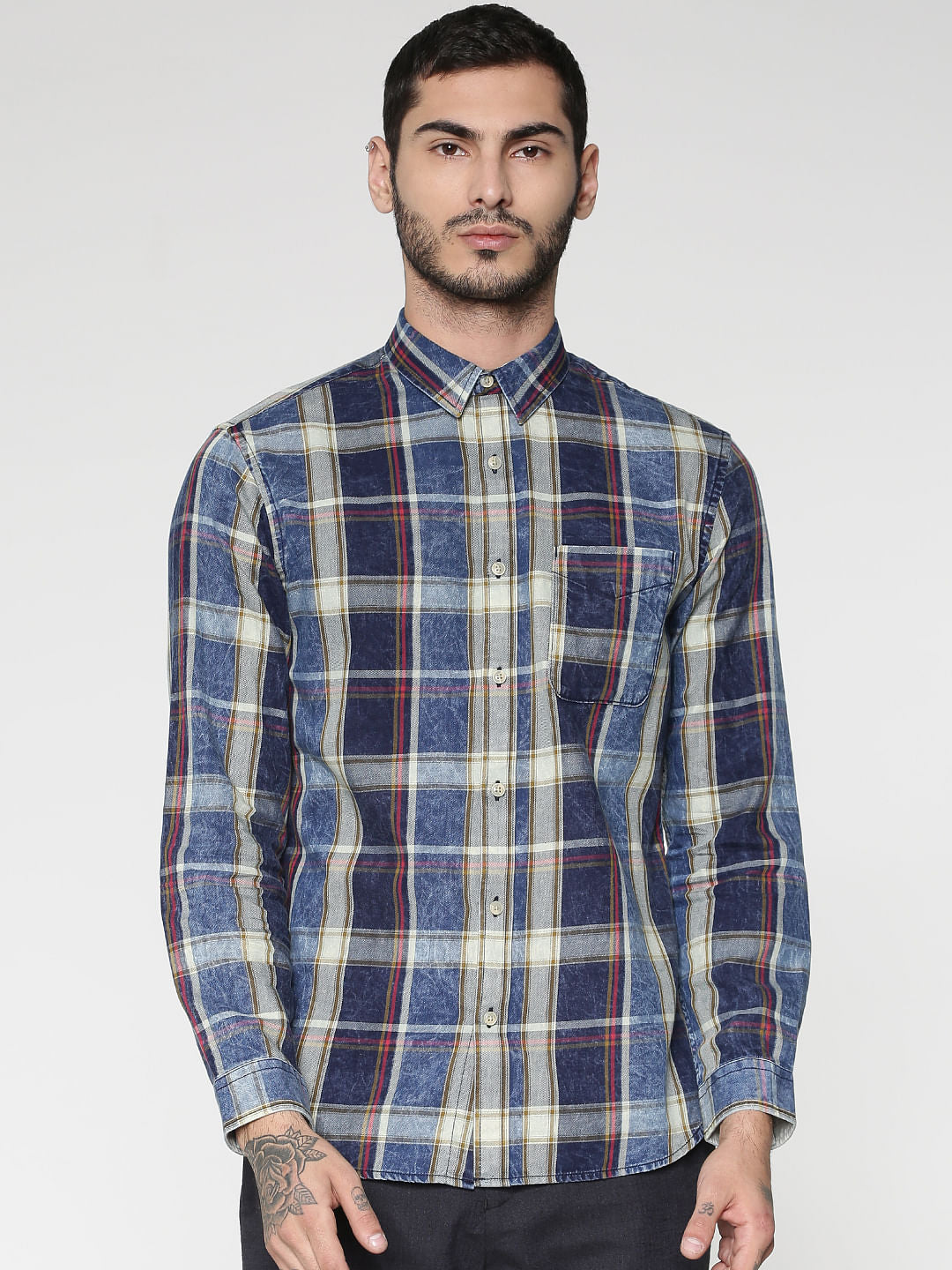 Blue Multicoloured Washed Slim Fit Full Sleeves Shirt - S