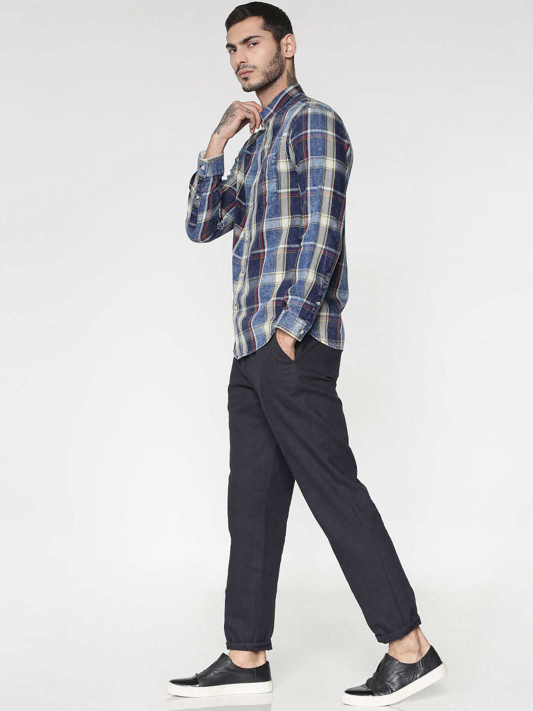 Blue Multicoloured Washed Slim Fit Full Sleeves Shirt