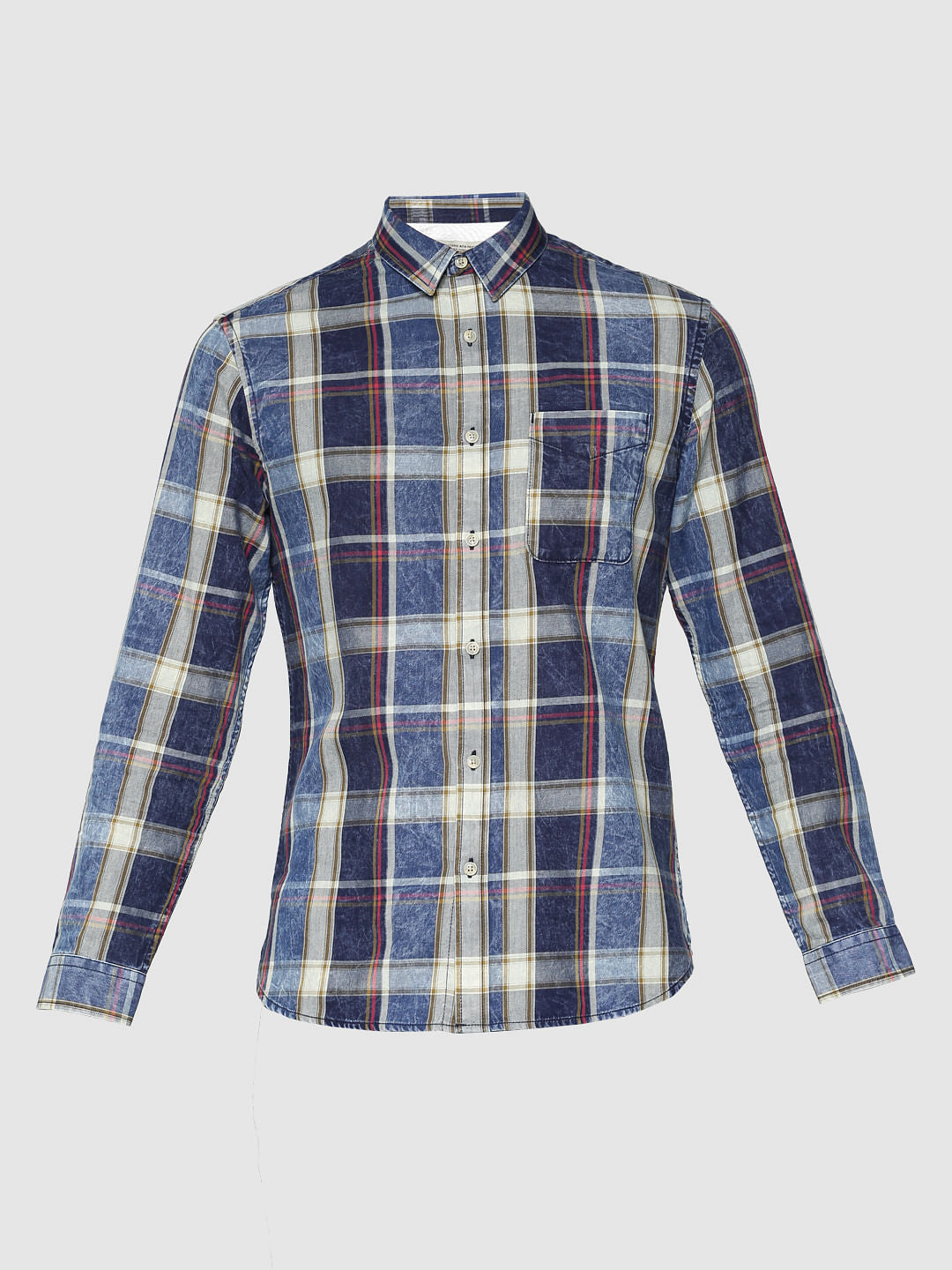 Blue Multicoloured Washed Slim Fit Full Sleeves Shirt
