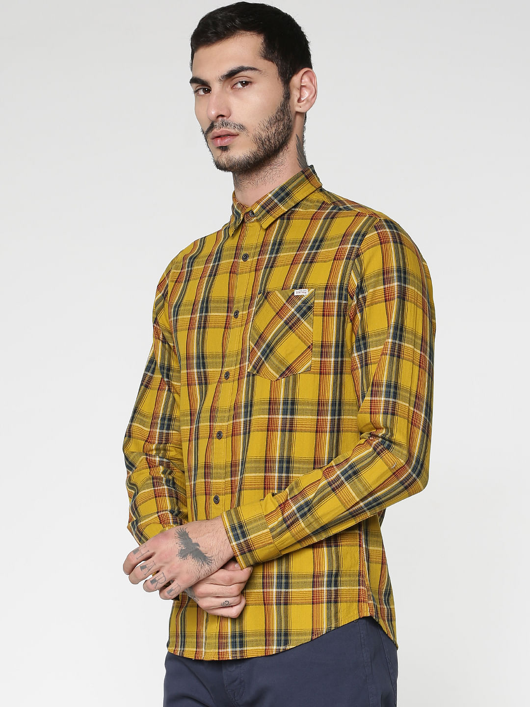 Mustard Multicoloured Checks Patch Pocket Slim Fit Full Sleeves Shirt - S