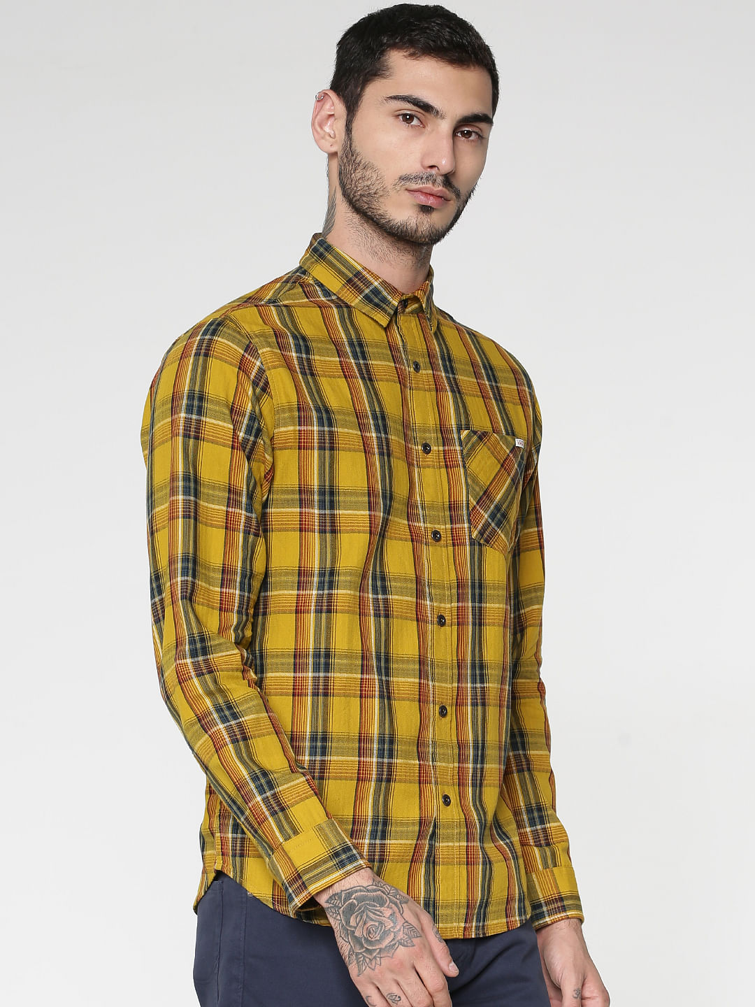 Mustard Multicoloured Checks Patch Pocket Slim Fit Full Sleeves Shirt