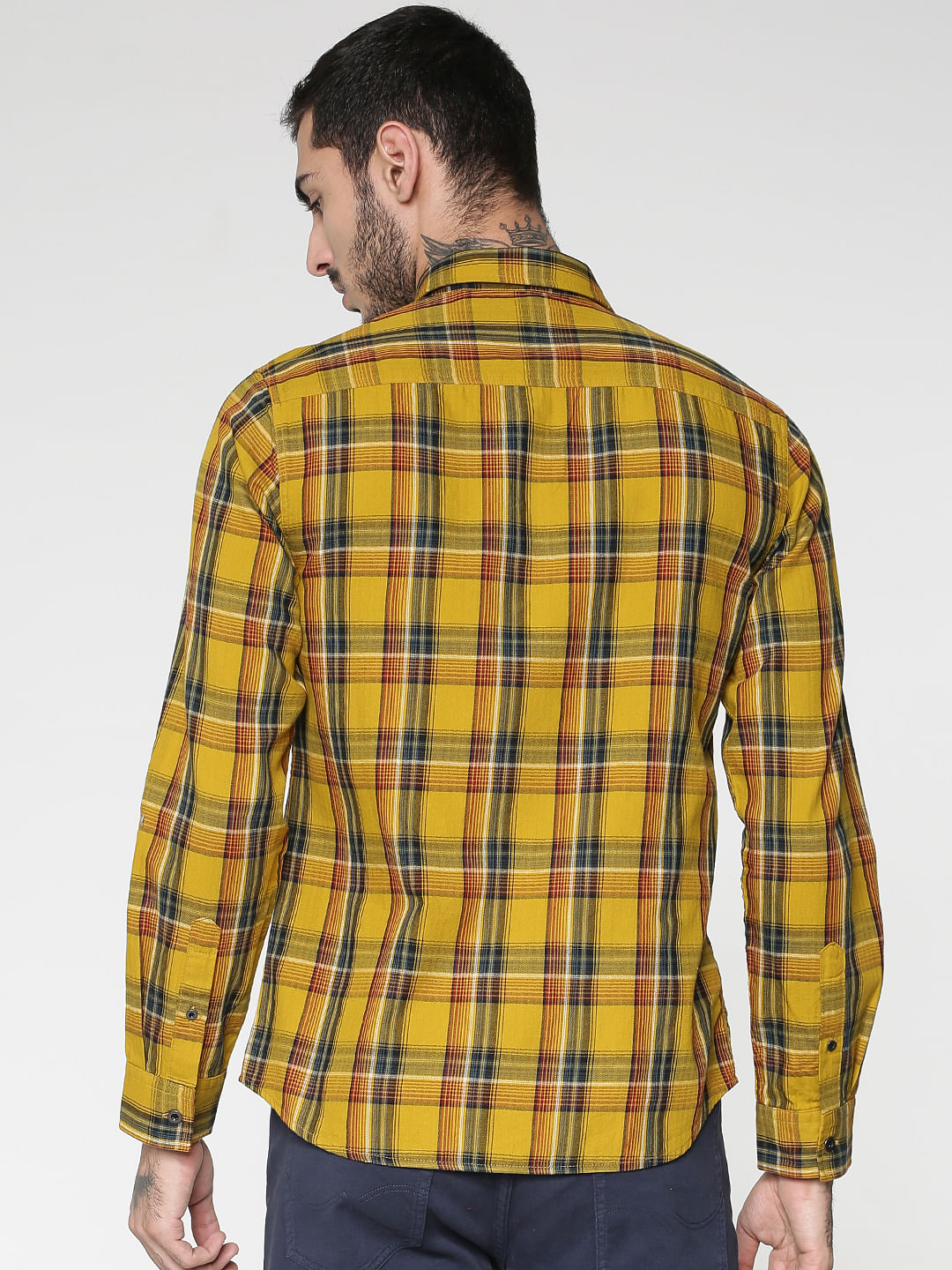 Mustard Multicoloured Checks Patch Pocket Slim Fit Full Sleeves Shirt
