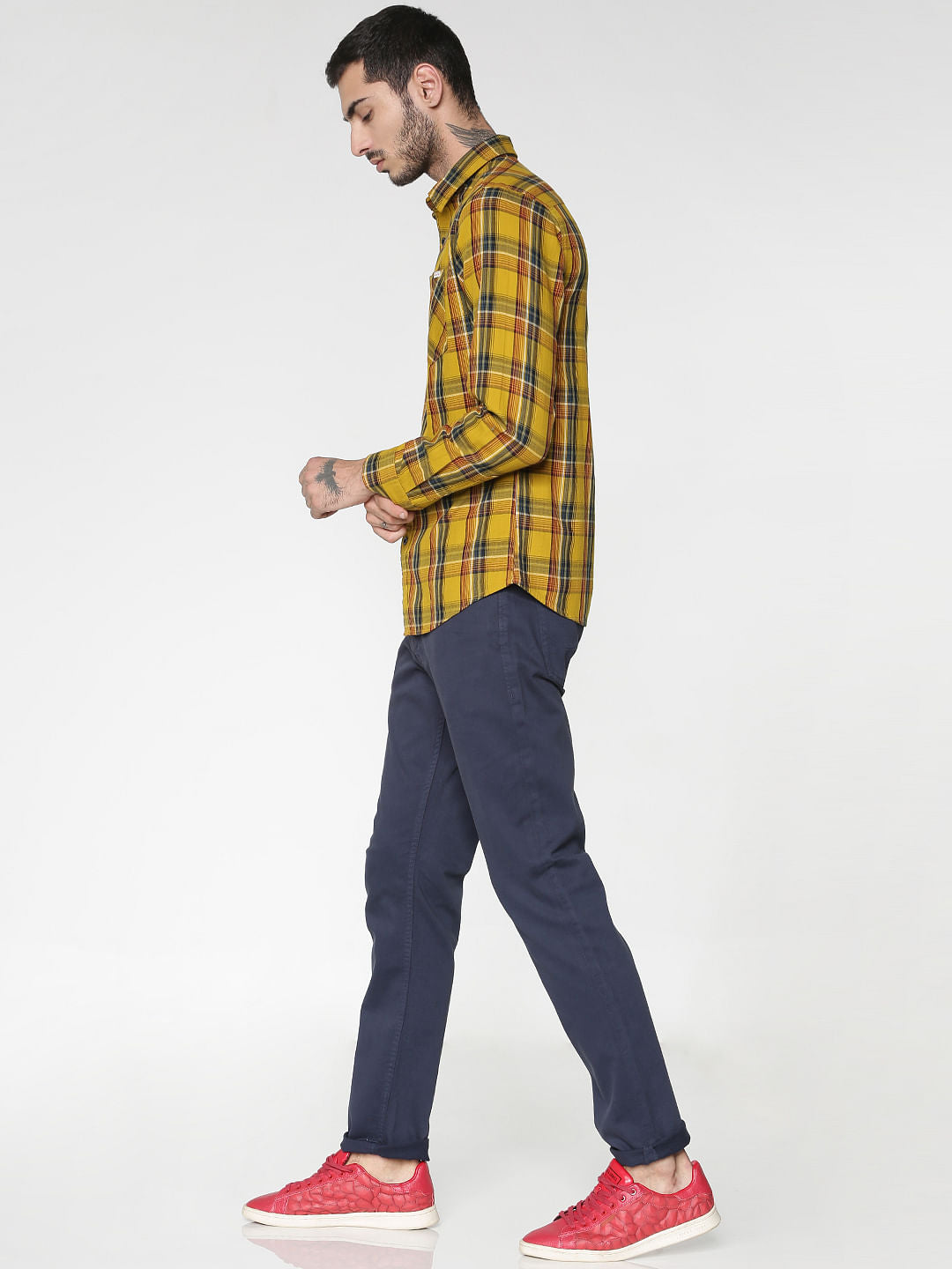 Mustard Multicoloured Checks Patch Pocket Slim Fit Full Sleeves Shirt
